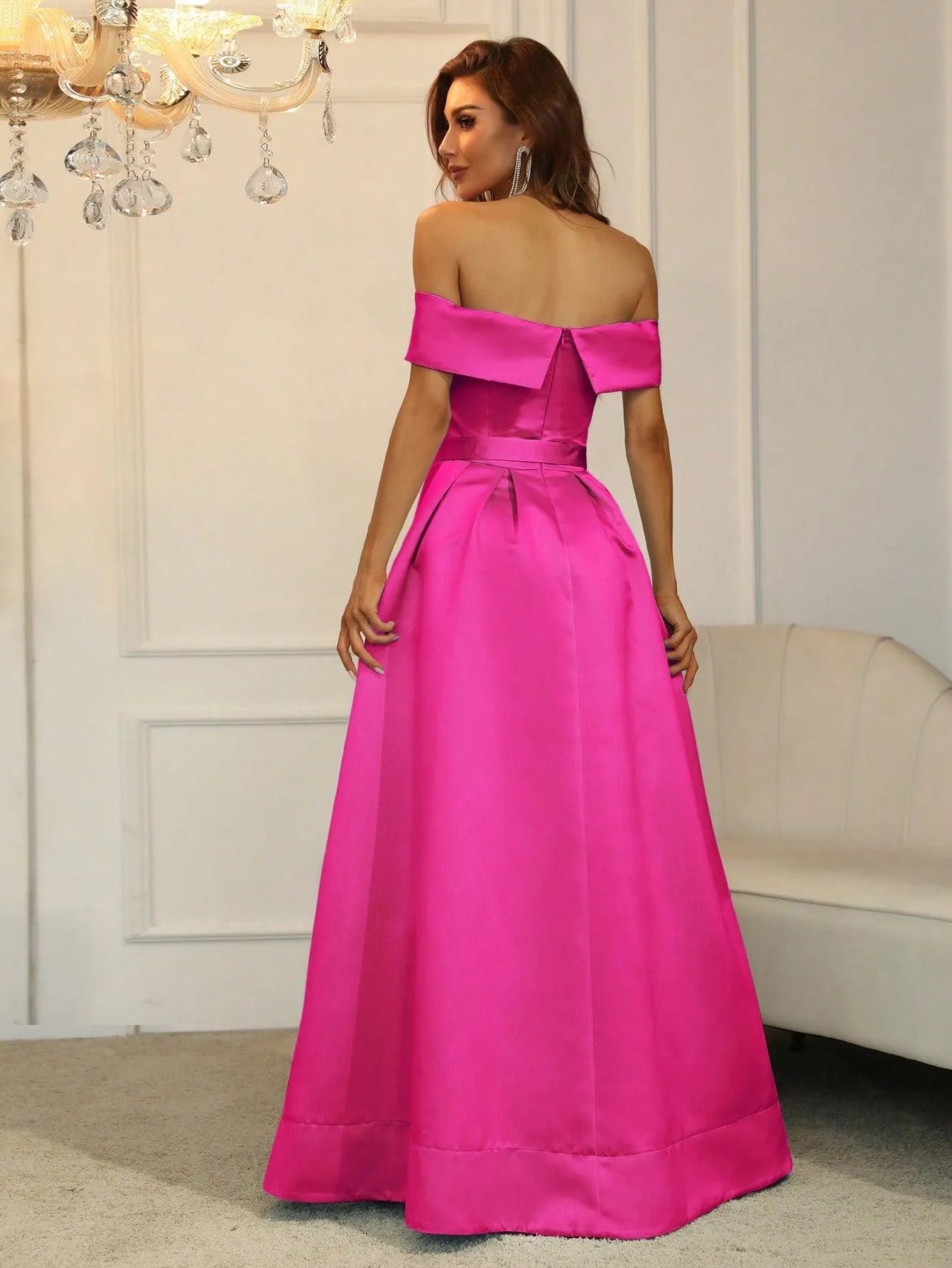 Off Shoulder Buckle Belted Satin Ball Gown