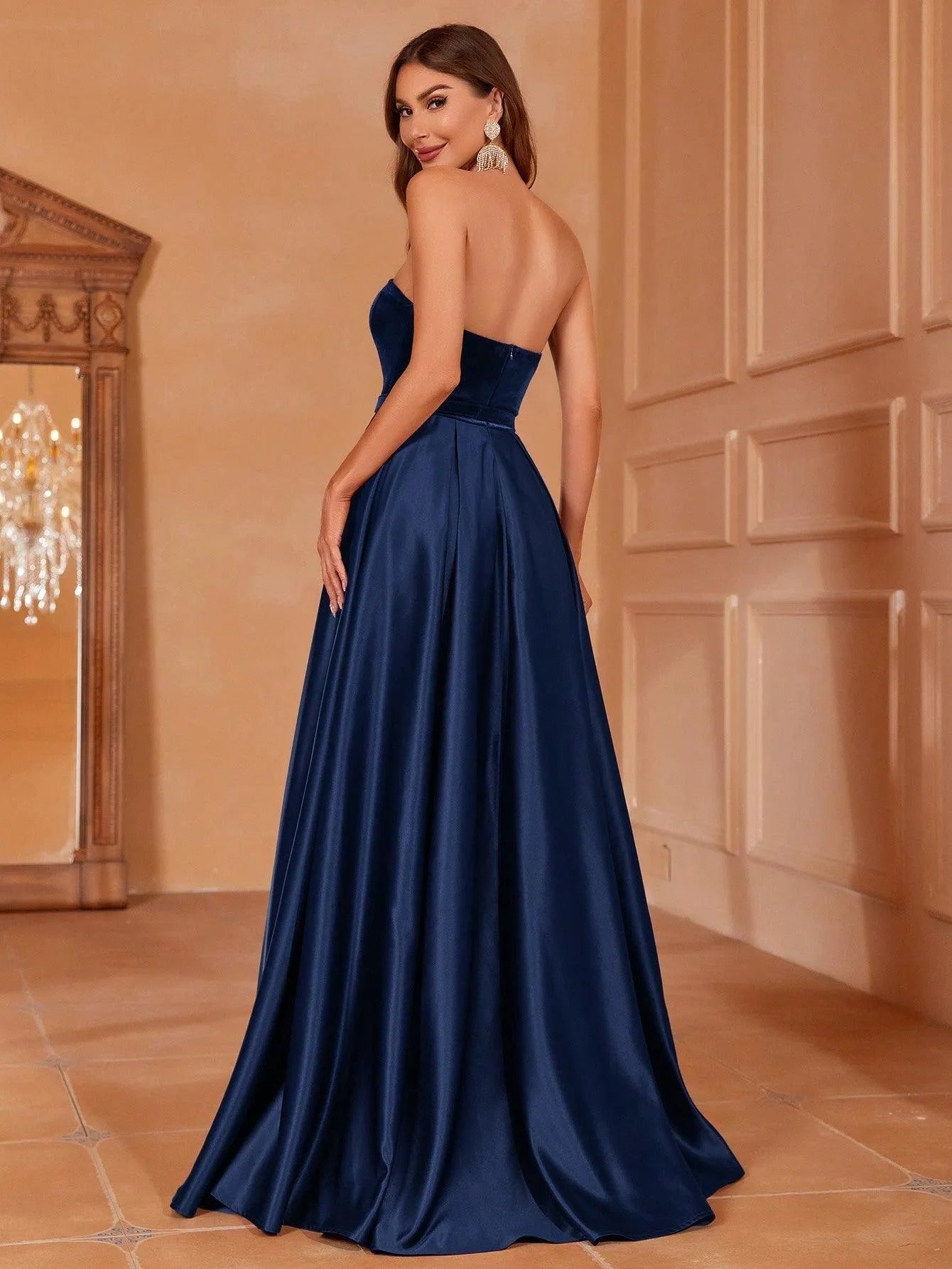 Velvet Bodice Contrast Satin Hem Tube Prom Dress