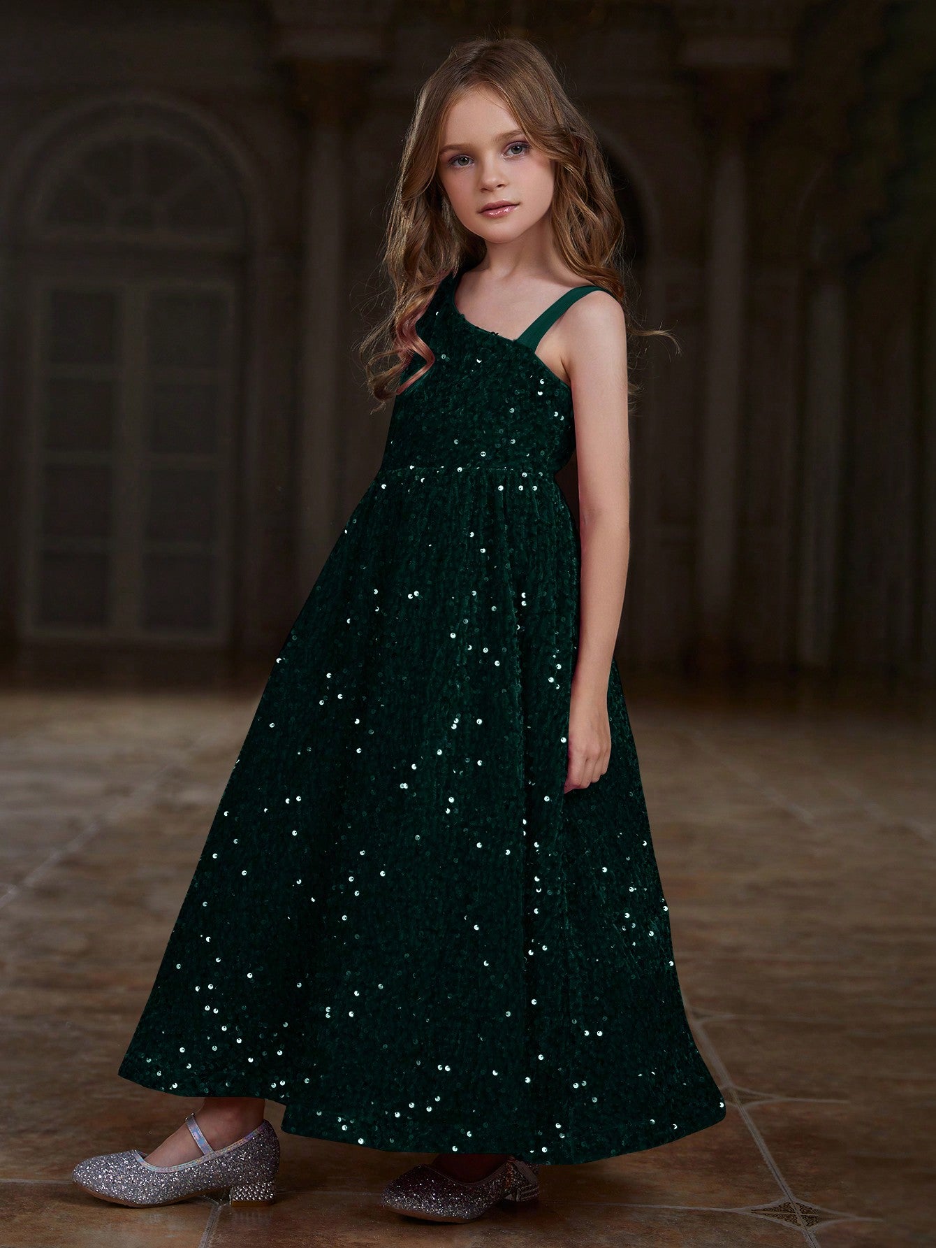 Tween Girls' Asymmetrical Neckline Sleeveless Sequin Party Dress