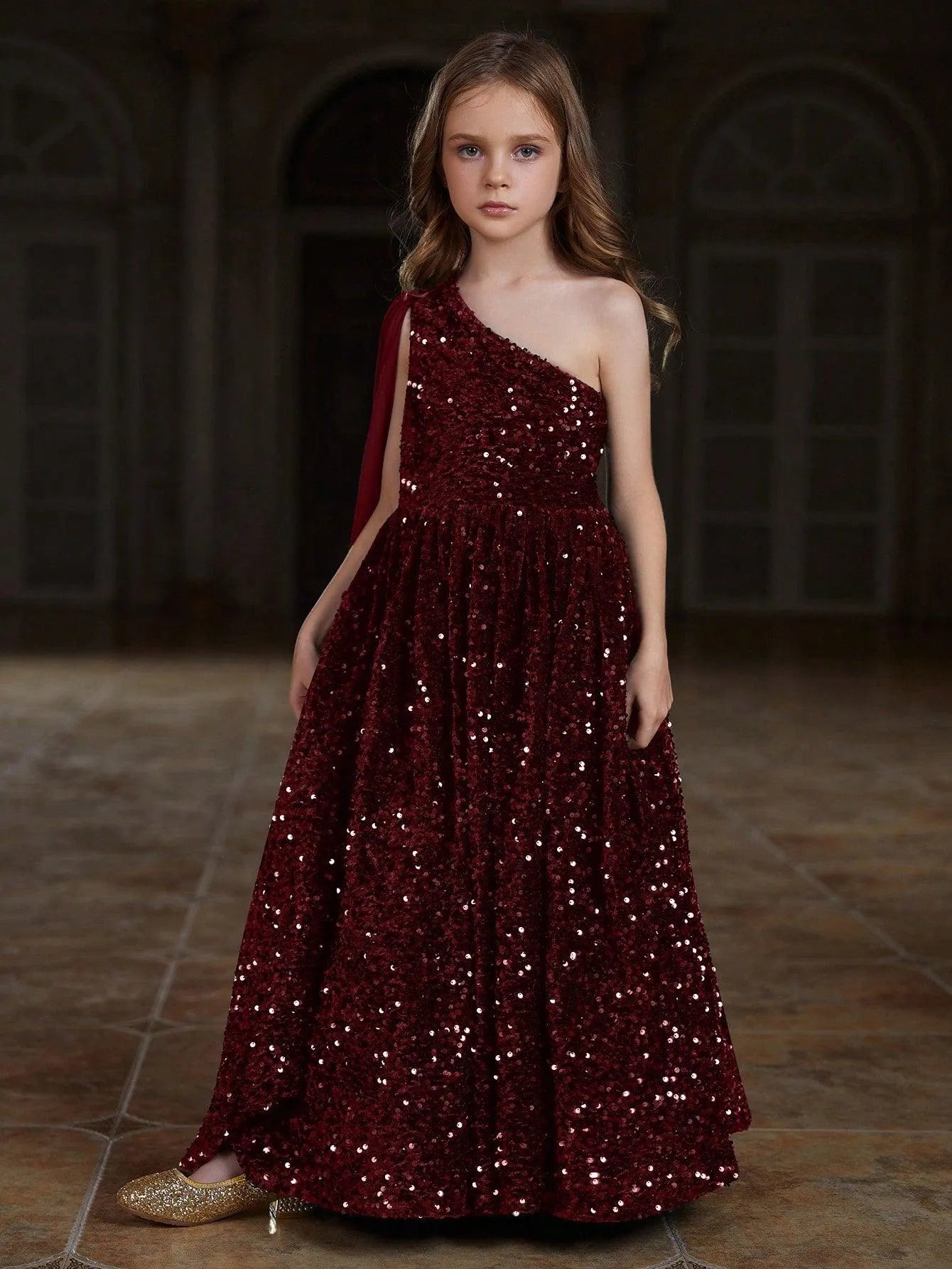 Tween Girls' One Shoulder Draped Side Sequin A-line Dress