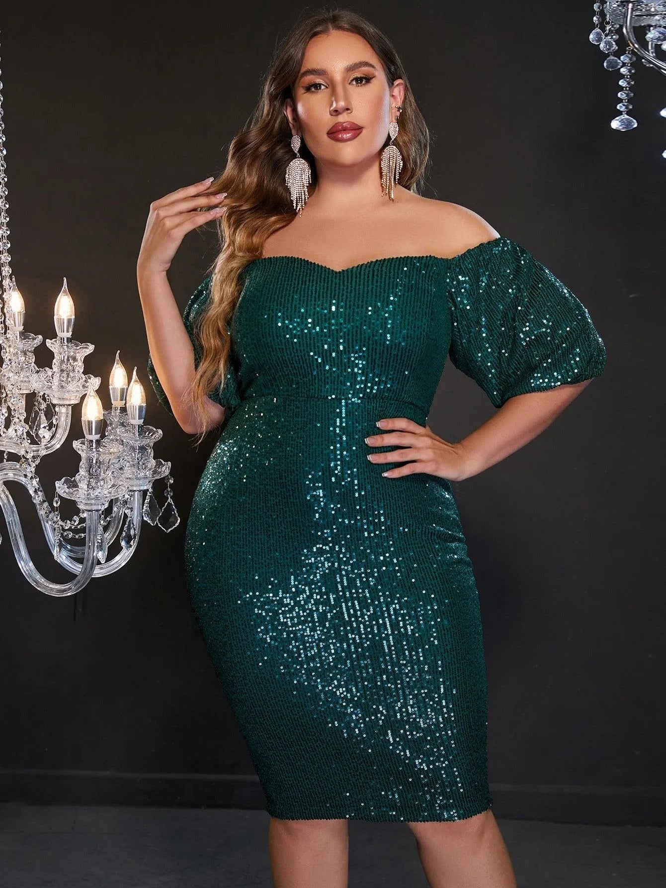 Plus Off Shoulder Puff Sleeves Sequin Midi Dress