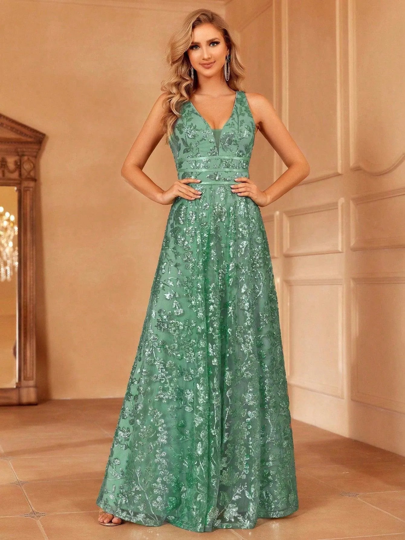 Plunging Neck Sleeveless Embroidered Sequin Dresses