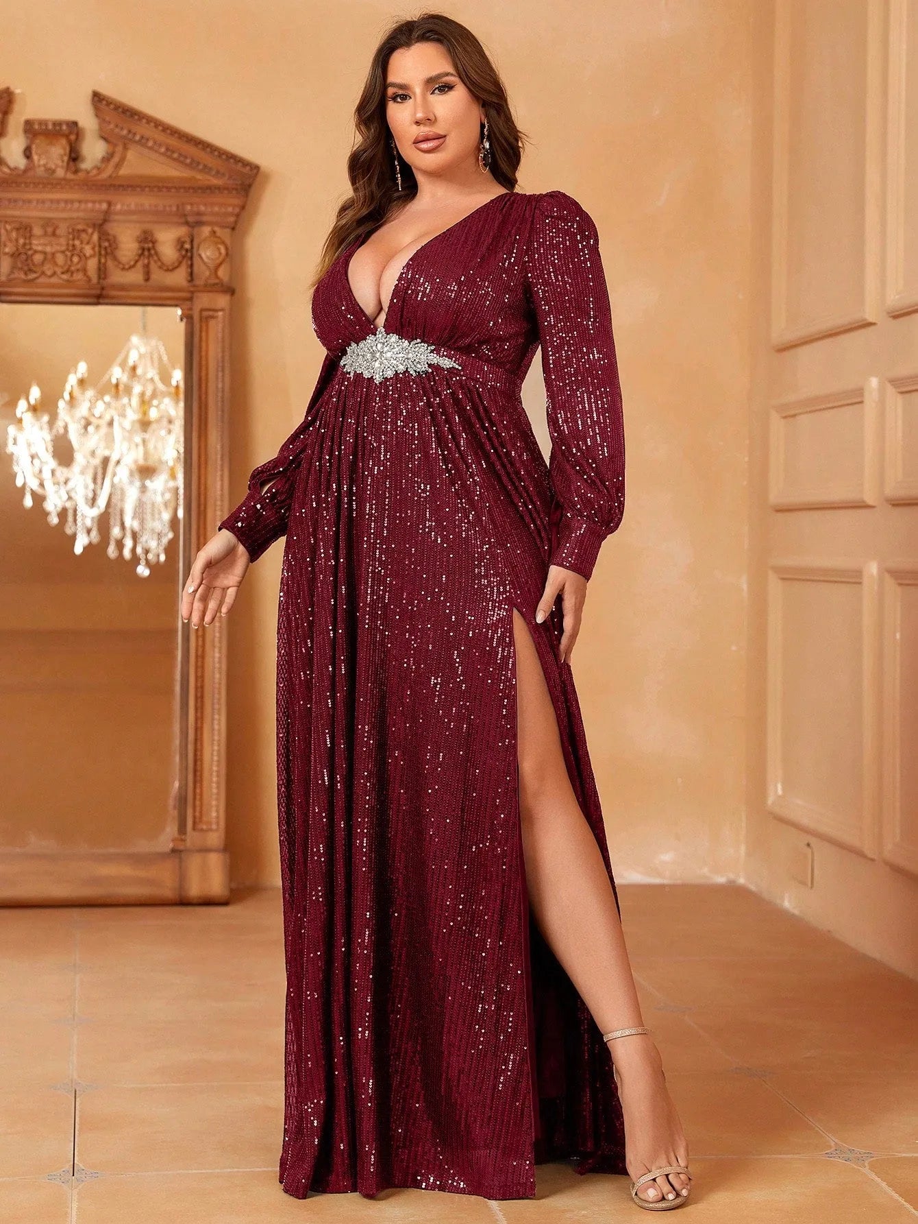 Plus Rhinestone Decor Plunging Neck Sequin Slit Dress