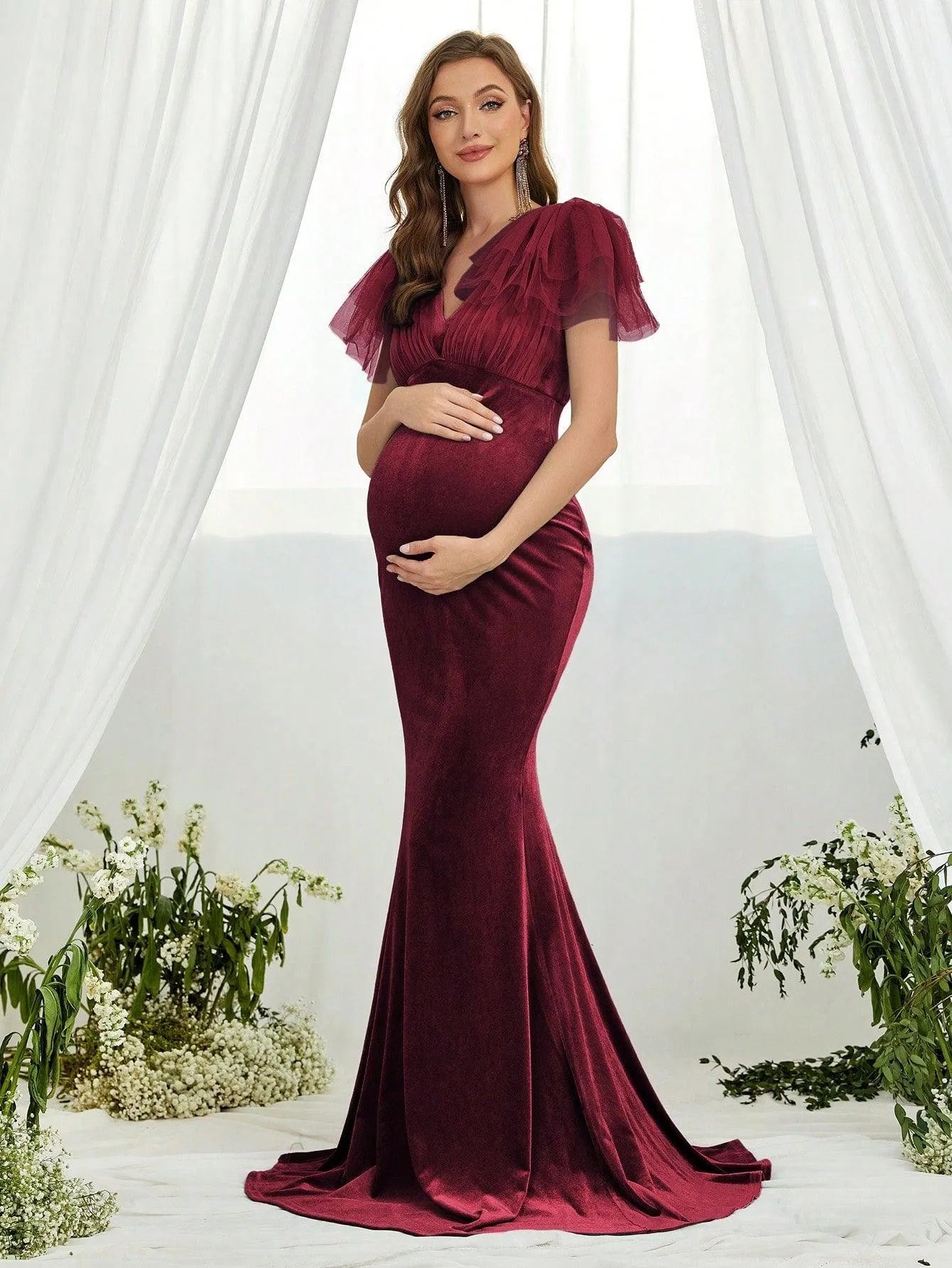 Maternity Contrast Mesh Mermaid Hem Velvet Dress