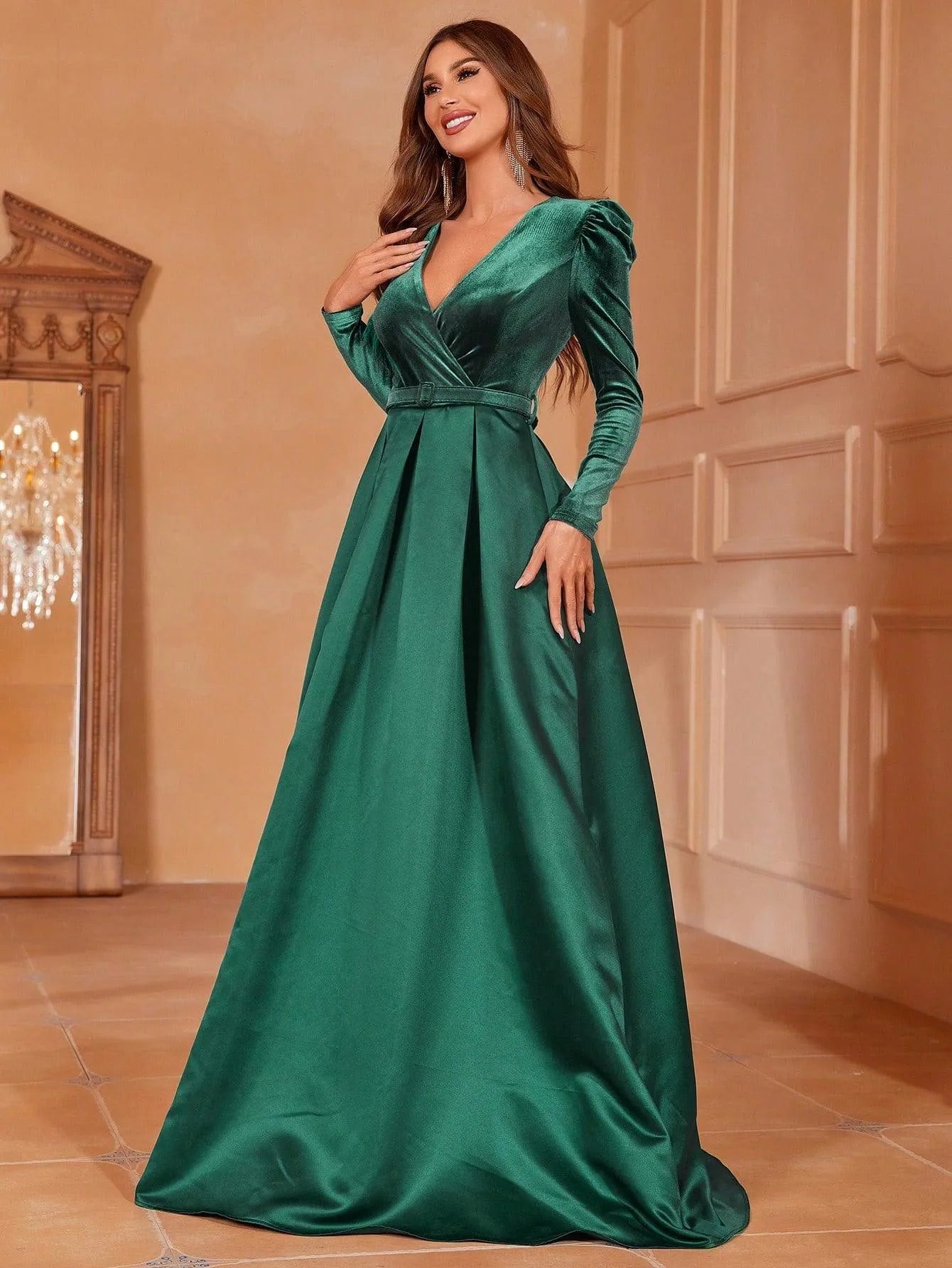 Surplice Neck Long Sleeves Belted Satin A Line Dress