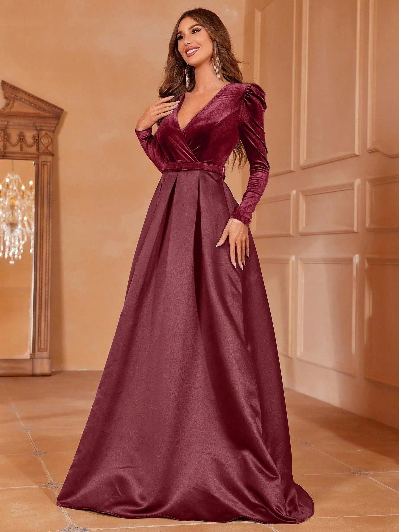 Surplice Neck Long Sleeves Belted Satin A Line Dress