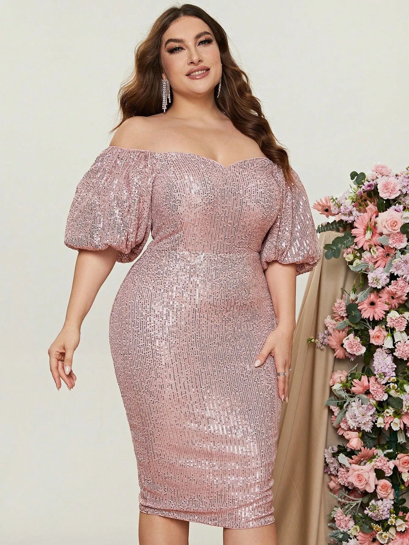 Plus Off Shoulder Puff Sleeves Sequin Midi Dress