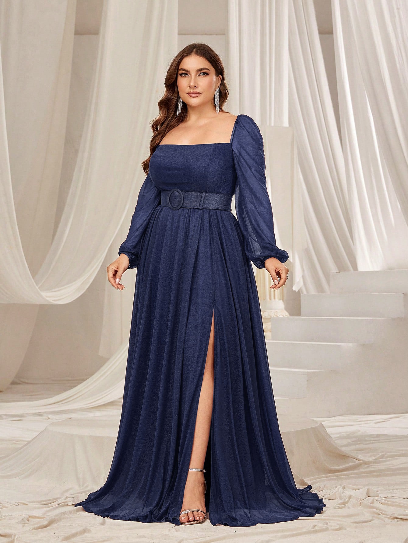 Plus Square Neck Lantern Sleeves Split Thigh Evening Dress