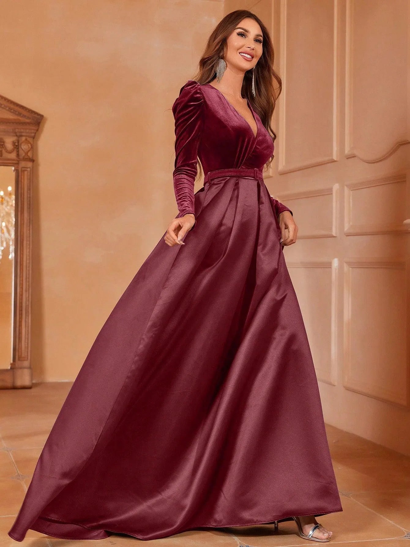 Surplice Neck Long Sleeves Belted Satin A Line Dress