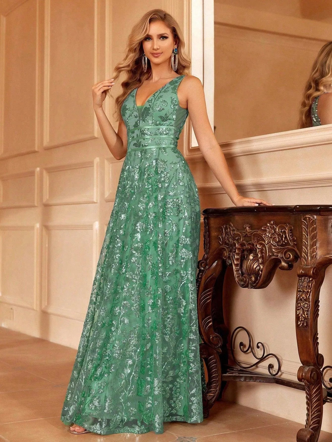 Plunging Neck Sleeveless Embroidered Sequin Dresses