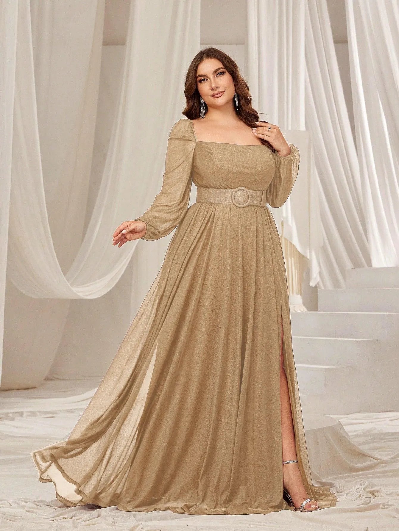 Plus Square Neck Lantern Sleeves Split Thigh Evening Dress