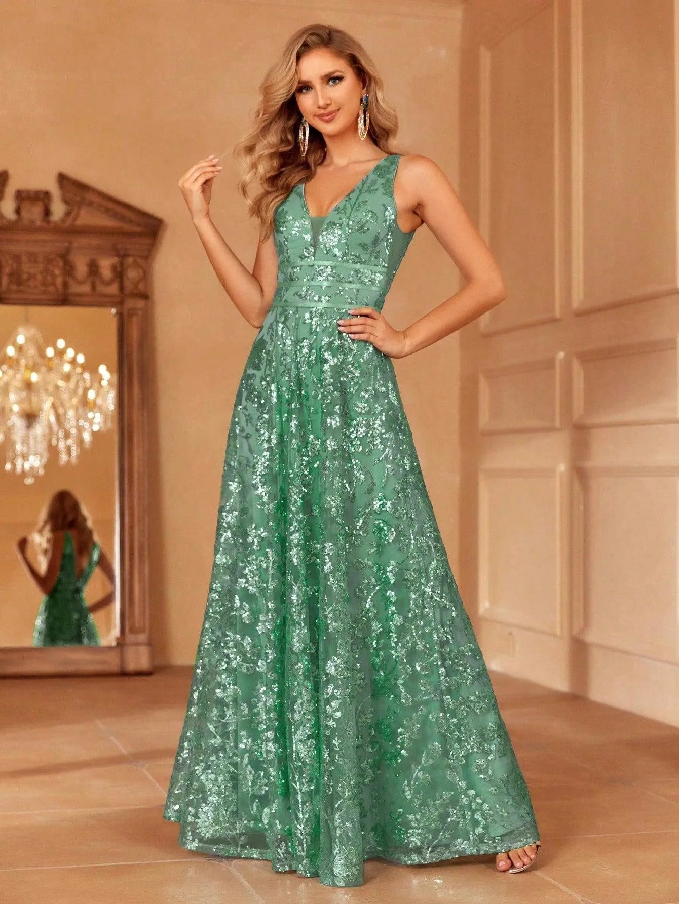 Plunging Neck Sleeveless Embroidered Sequin Dresses