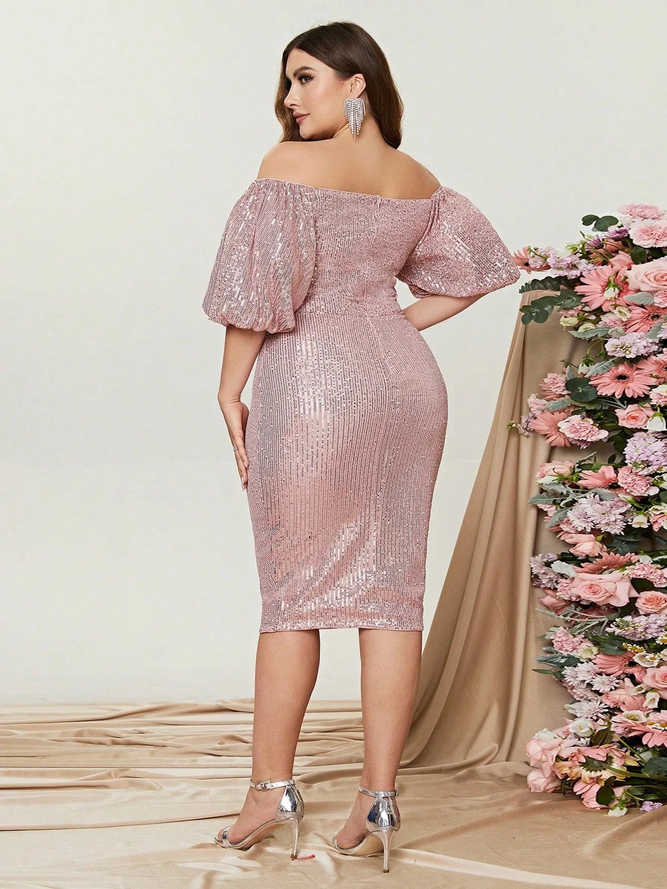 Plus Off Shoulder Puff Sleeves Sequin Midi Dress