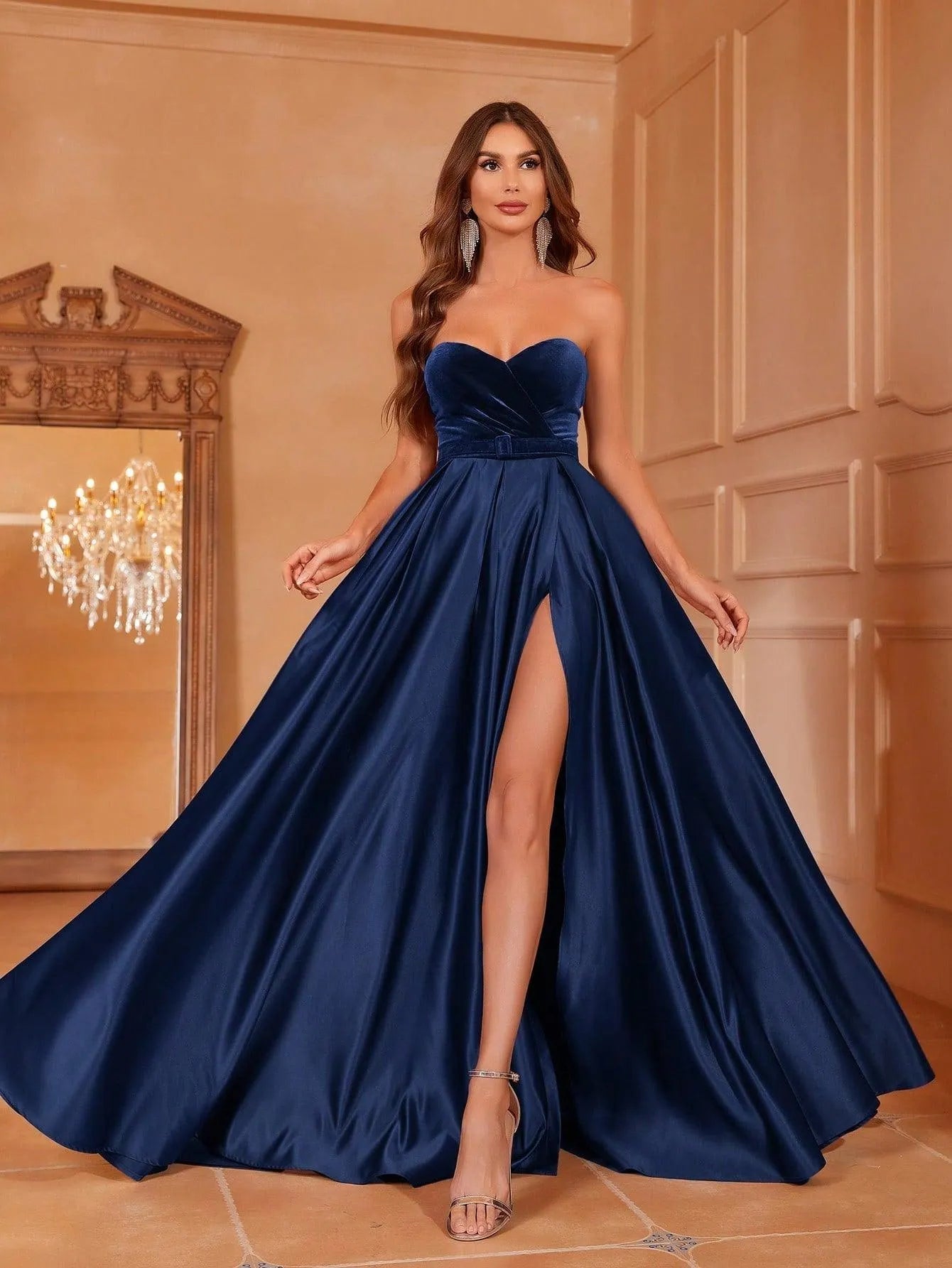 Velvet Bodice Contrast Satin Hem Tube Prom Dress