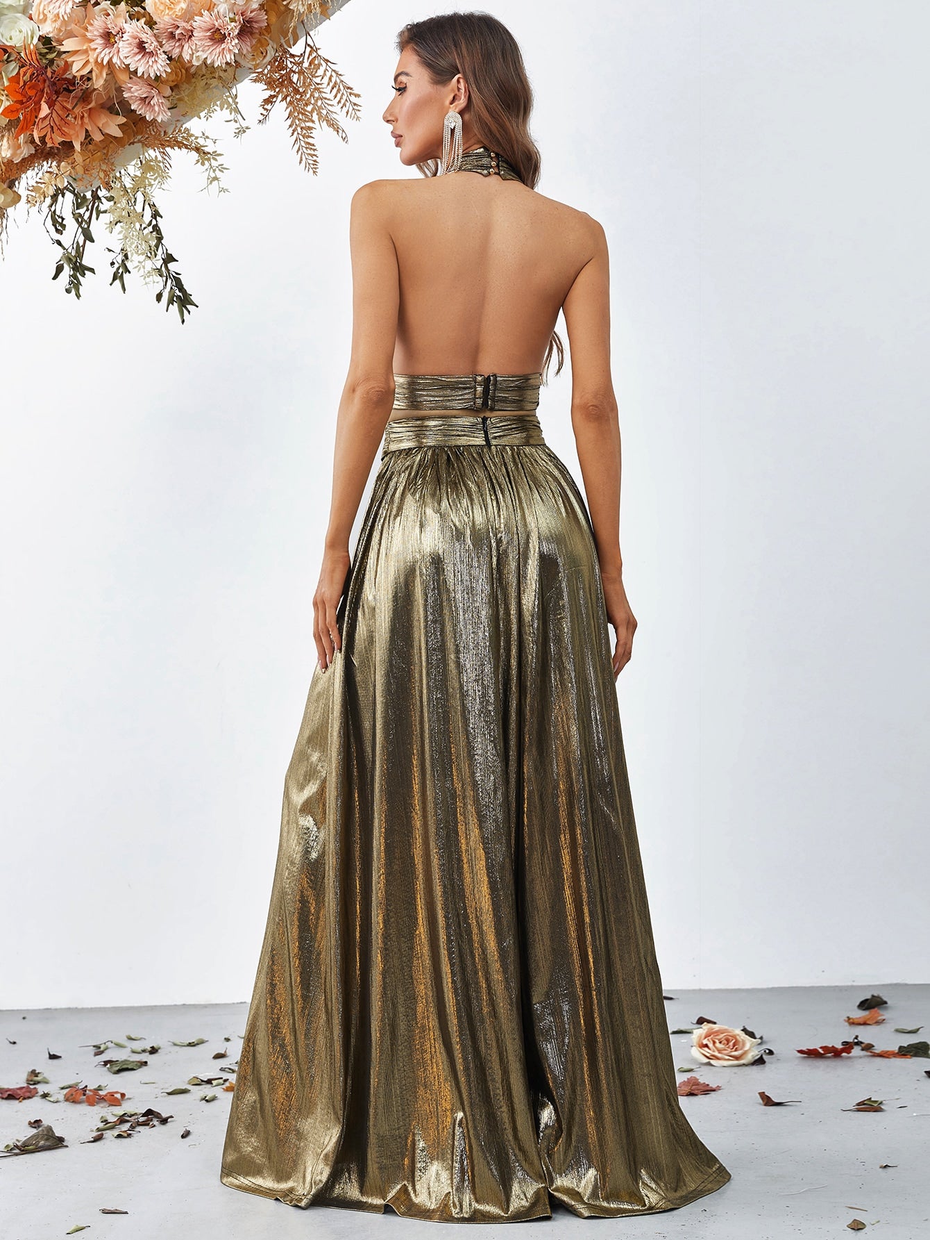 Cross Halter Cut Out Backless Metallic Jumpsuit