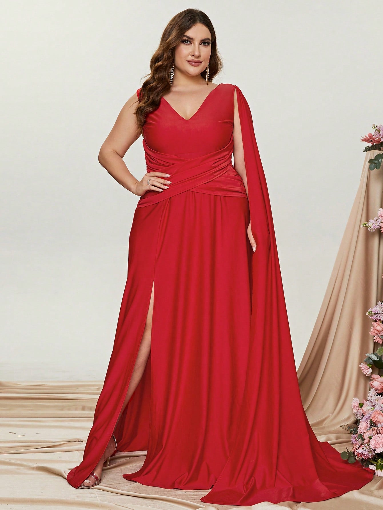 Plus Red Ruched Draped Side  A Line Dresses