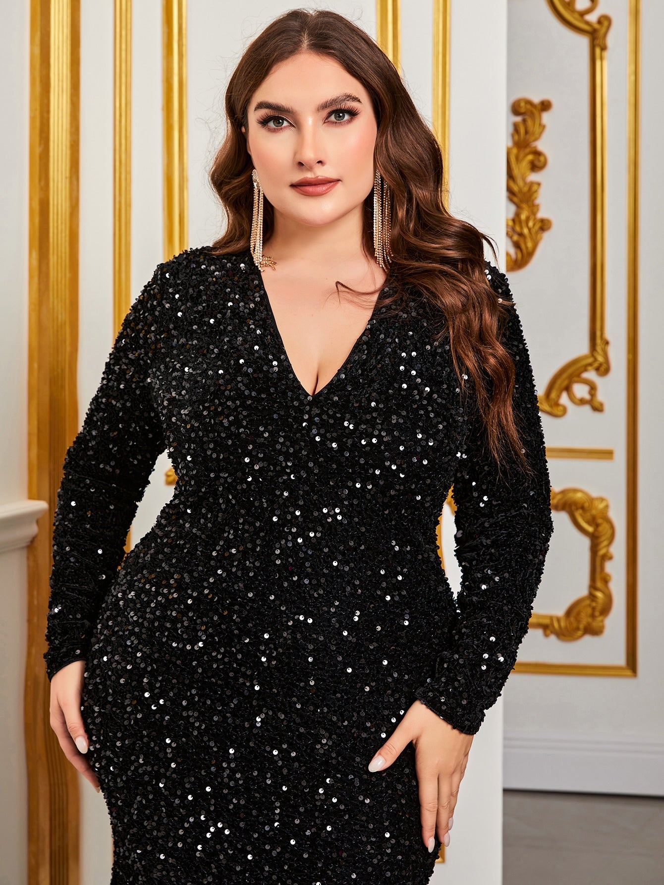 Plus Size Elegant V Neck Long Sleeve Sequin Mermaid Dresses