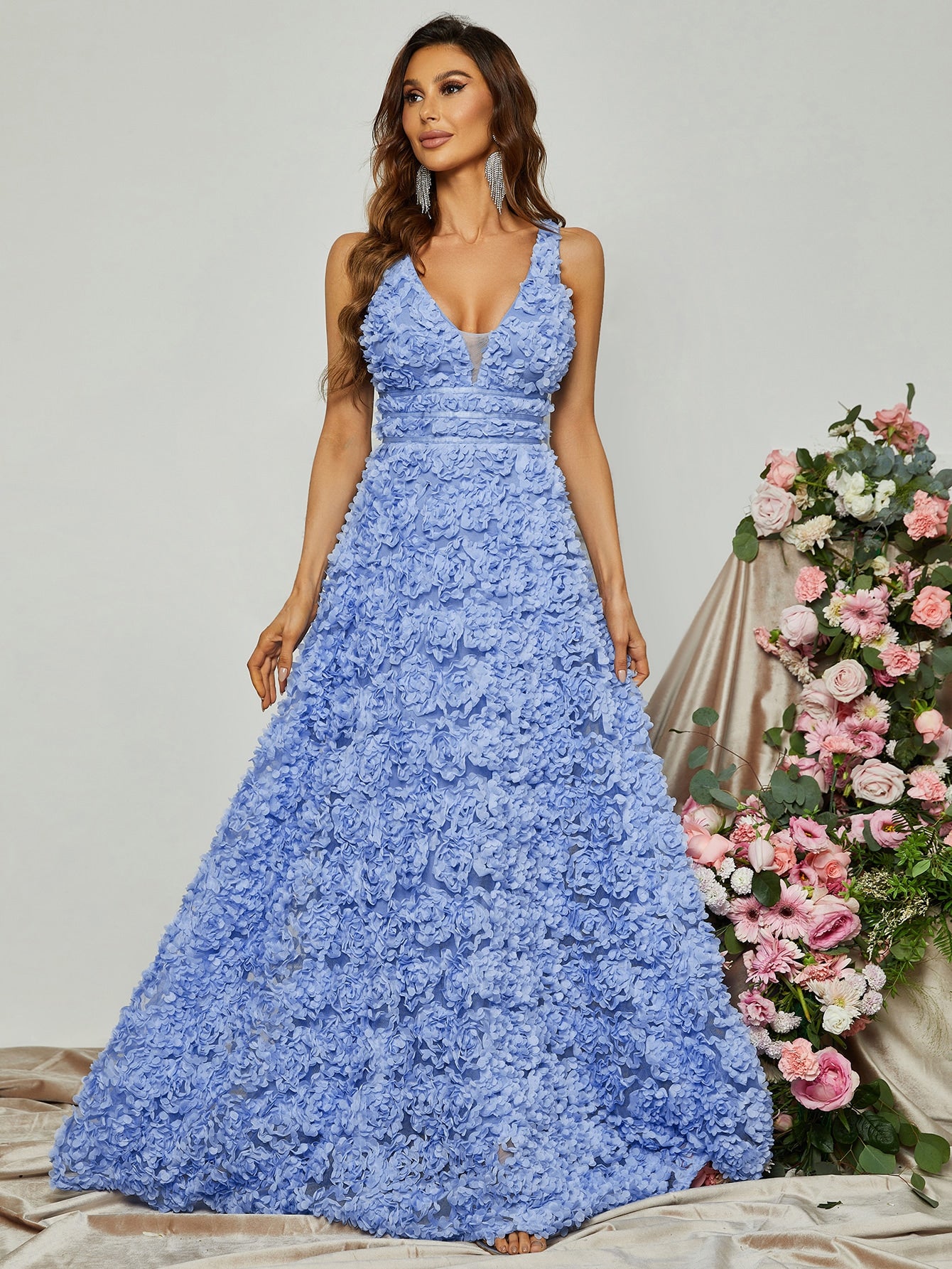 Elegant Scoop Neck Sleeveless 3D Flower A-Line Dresses