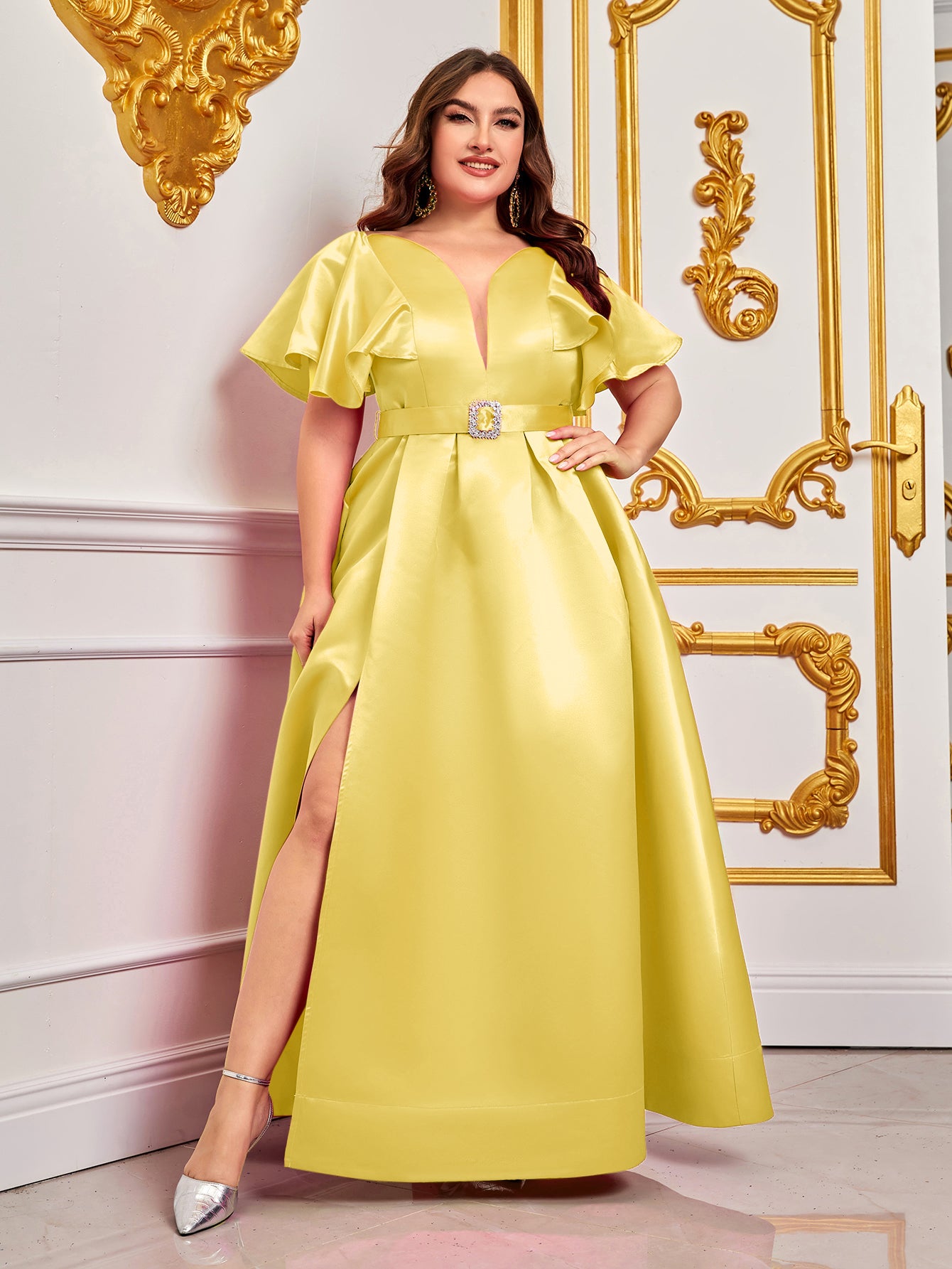 Plus Rhinestone Detail Belted Ruffle Sleeve Satin Dress