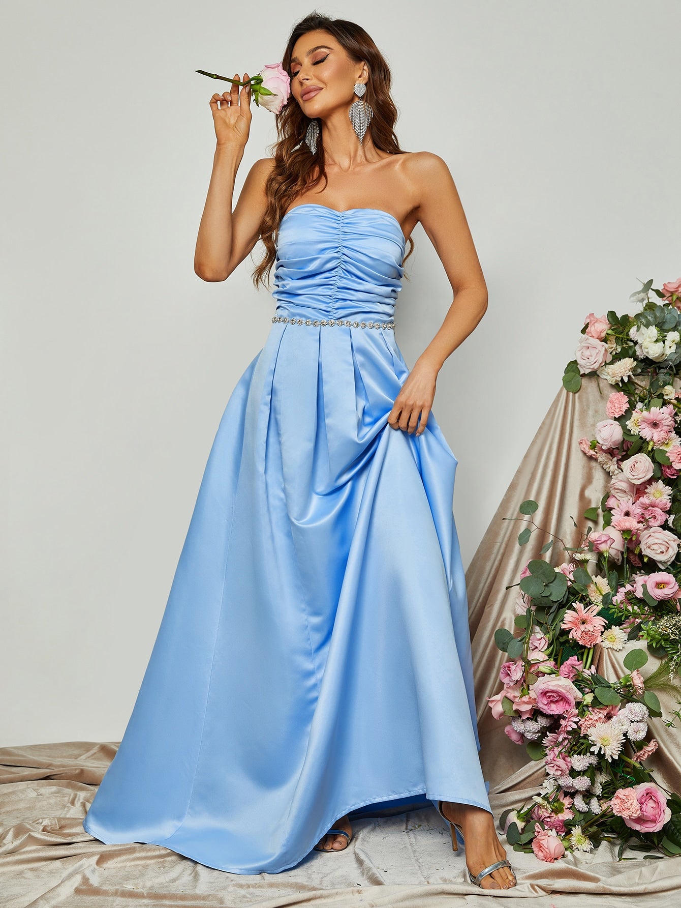 Elegant Tube Sleeveless Pleated Satin A Line Dresses