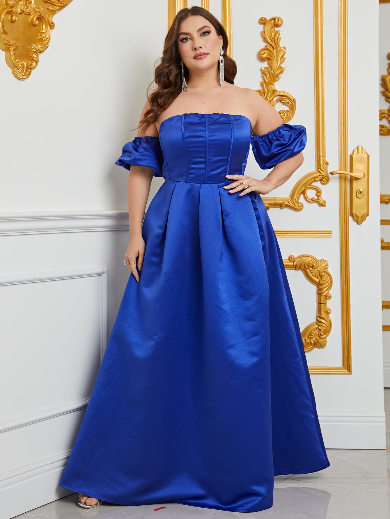 Plus Off Shoulder Puff Sleeves Ruched Bust Fold Pleated Satin Gown