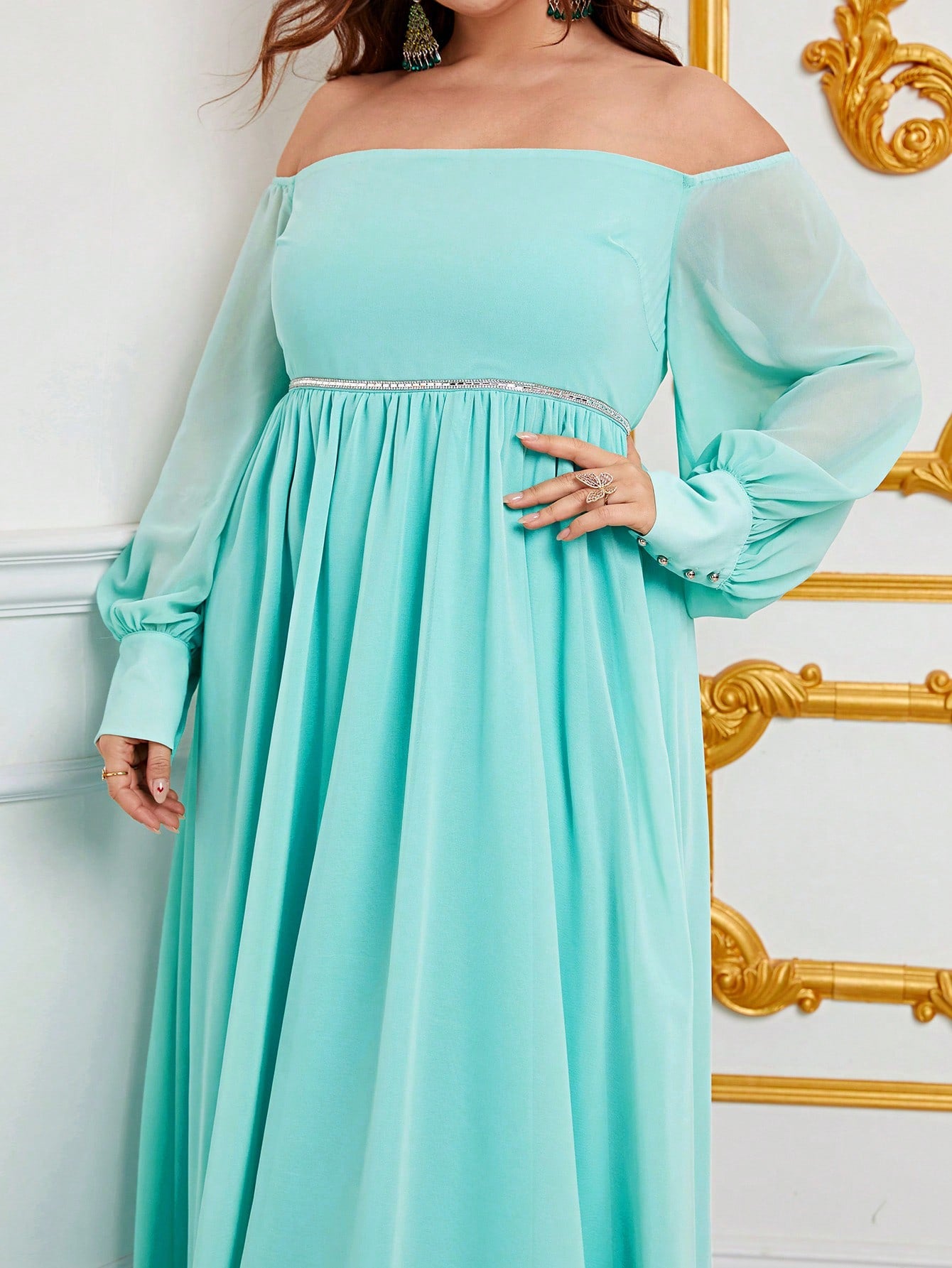 Plus Size Elegant Off Shoulder Long Sleeve Chiffon A Line Dresses