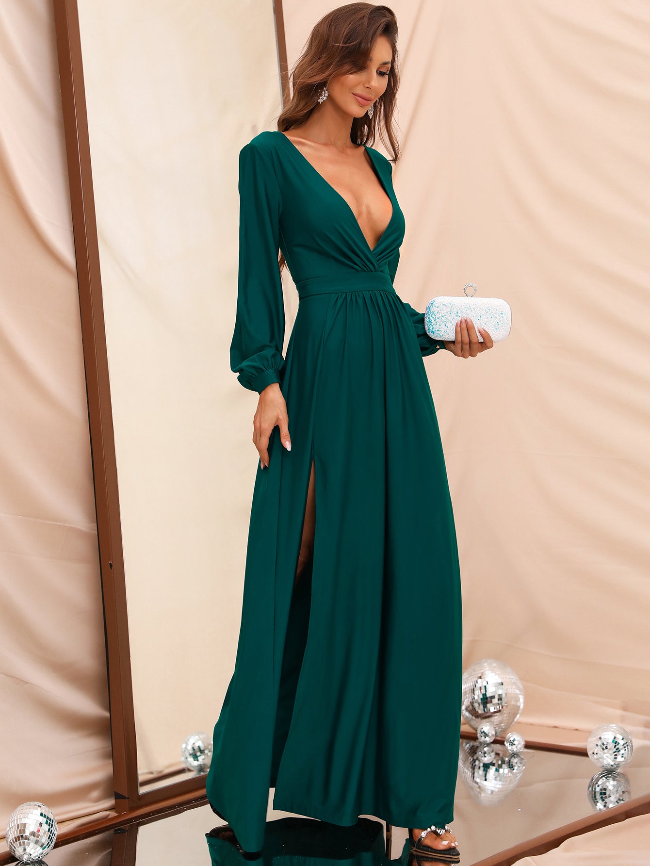 V Neck Long Sleeve High Slit A-Line Gown