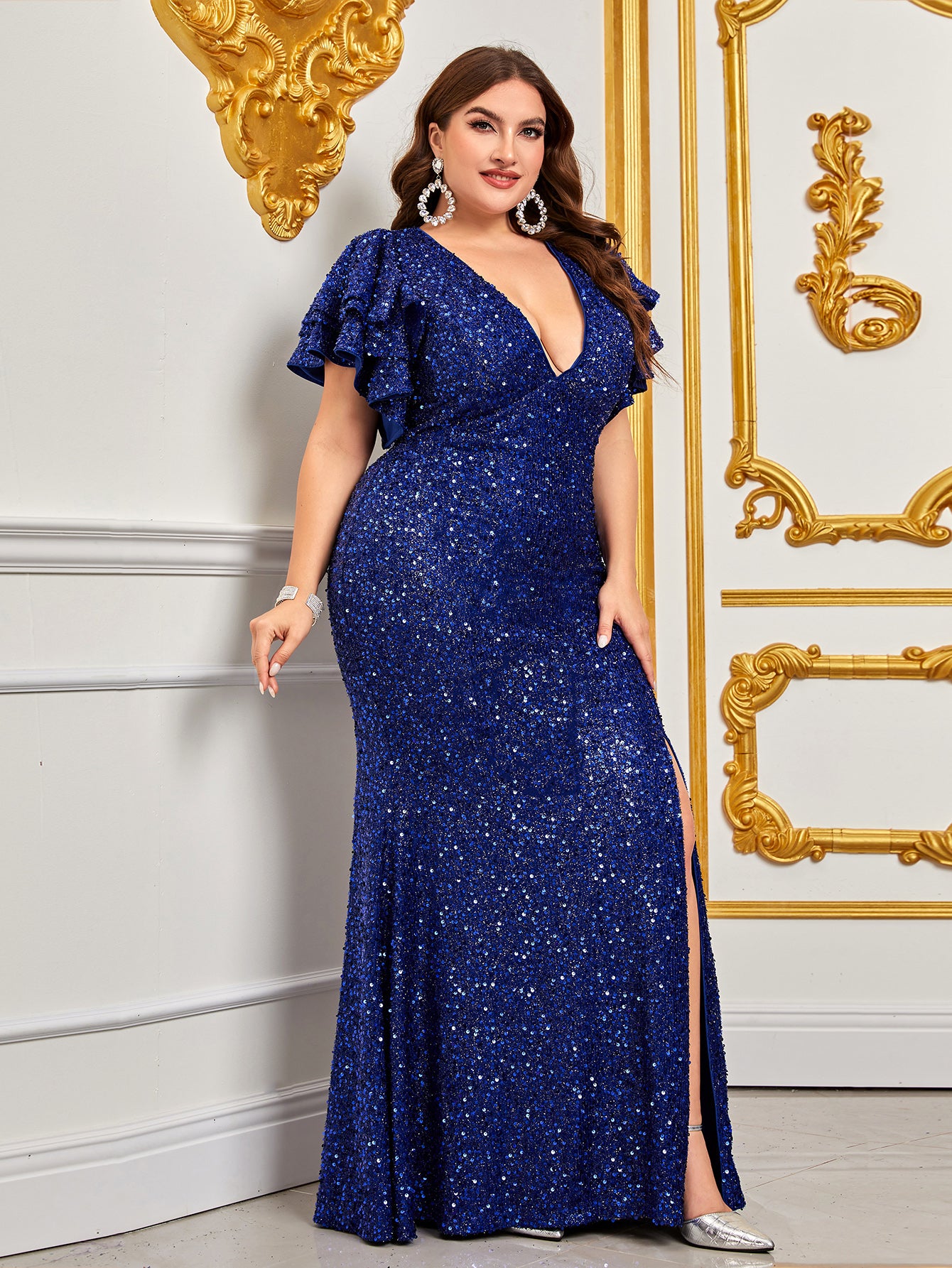 Plus Size Ruffle Sleeve V Neck Sequin Formal Dresses