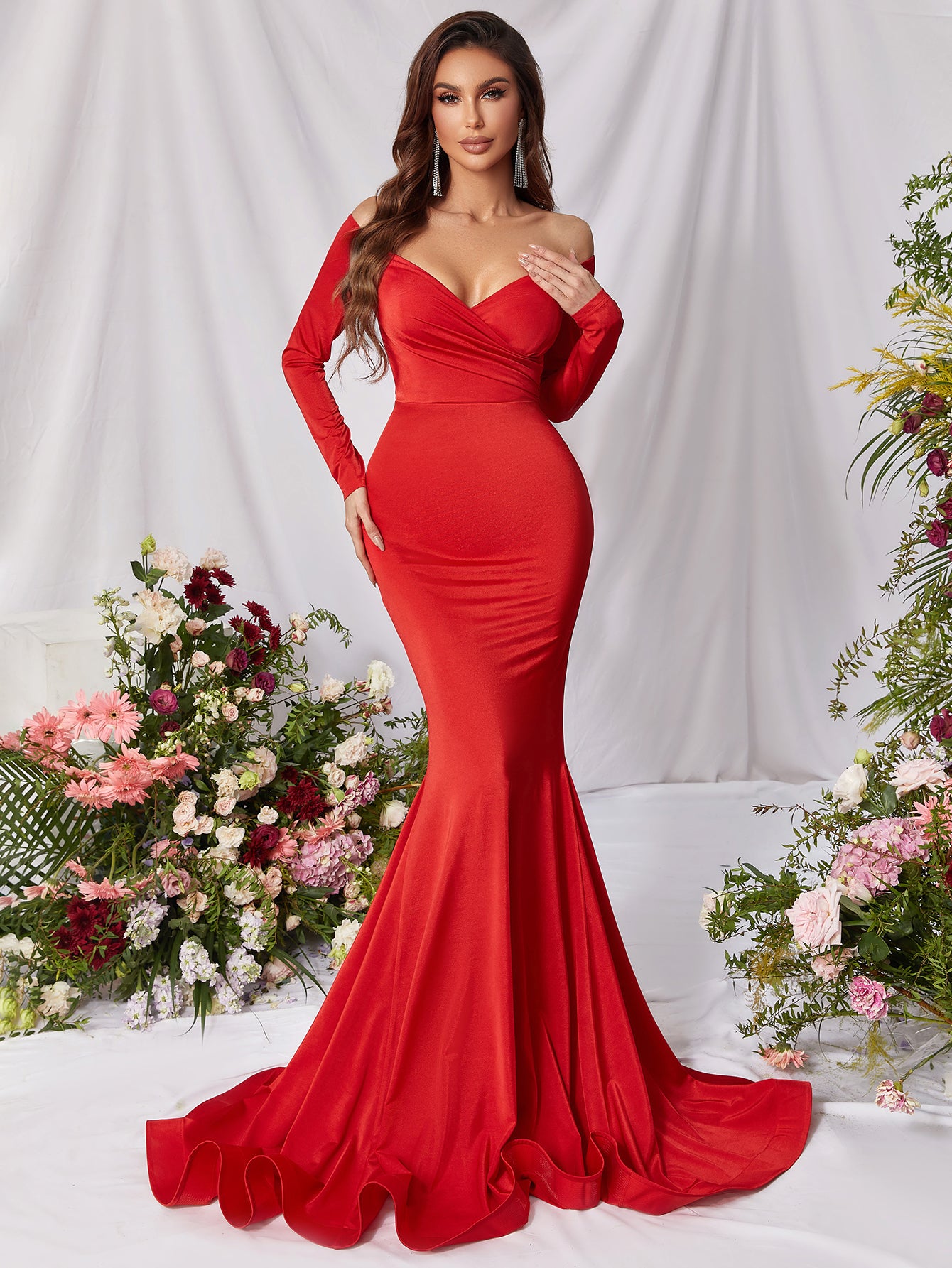 Off Shoulder Long Sleeve Satin Mermaid Dresses