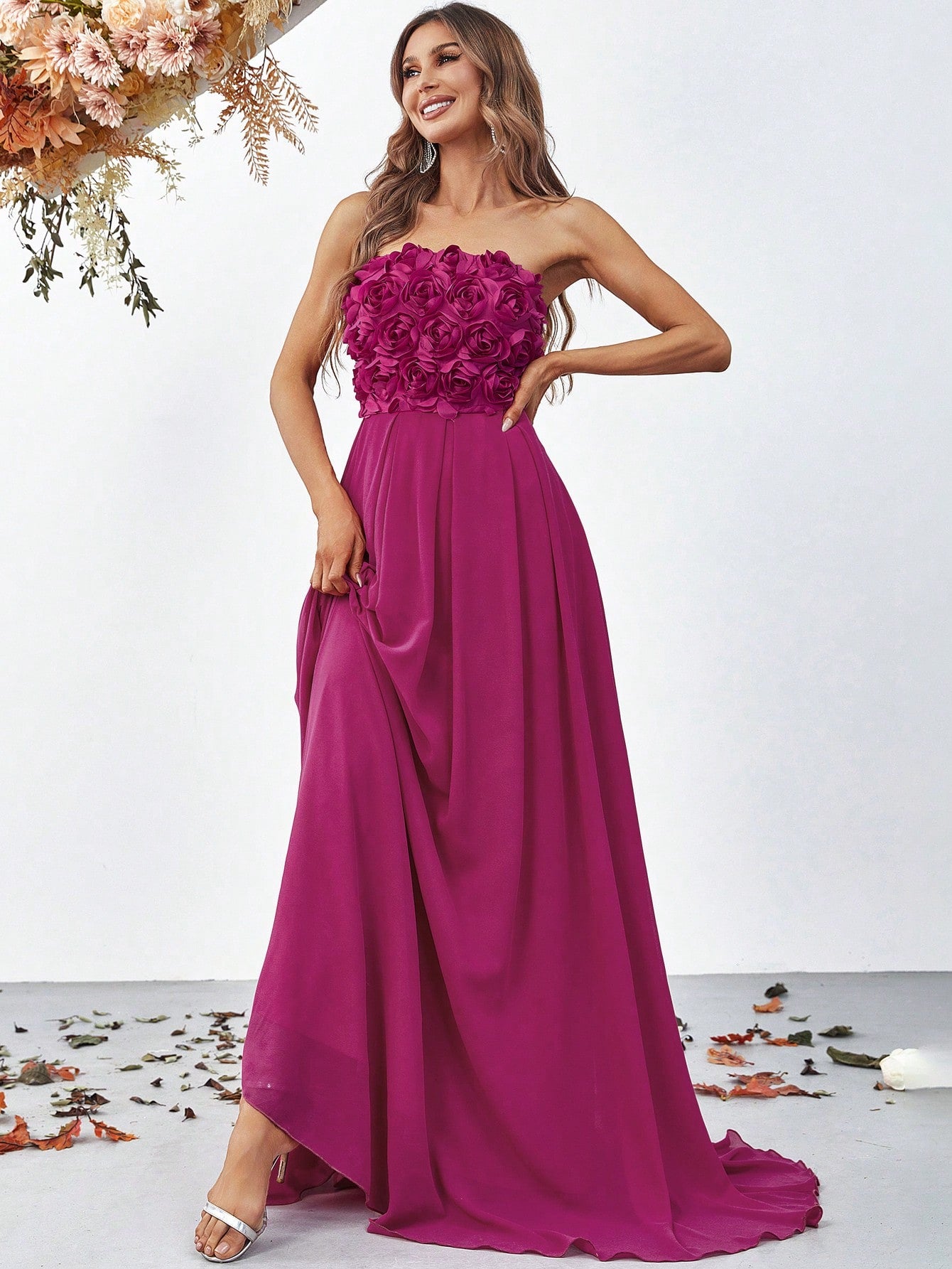 Elegant Tube Sleeveless Chiffon A Line Dresses Top With 3D Flower