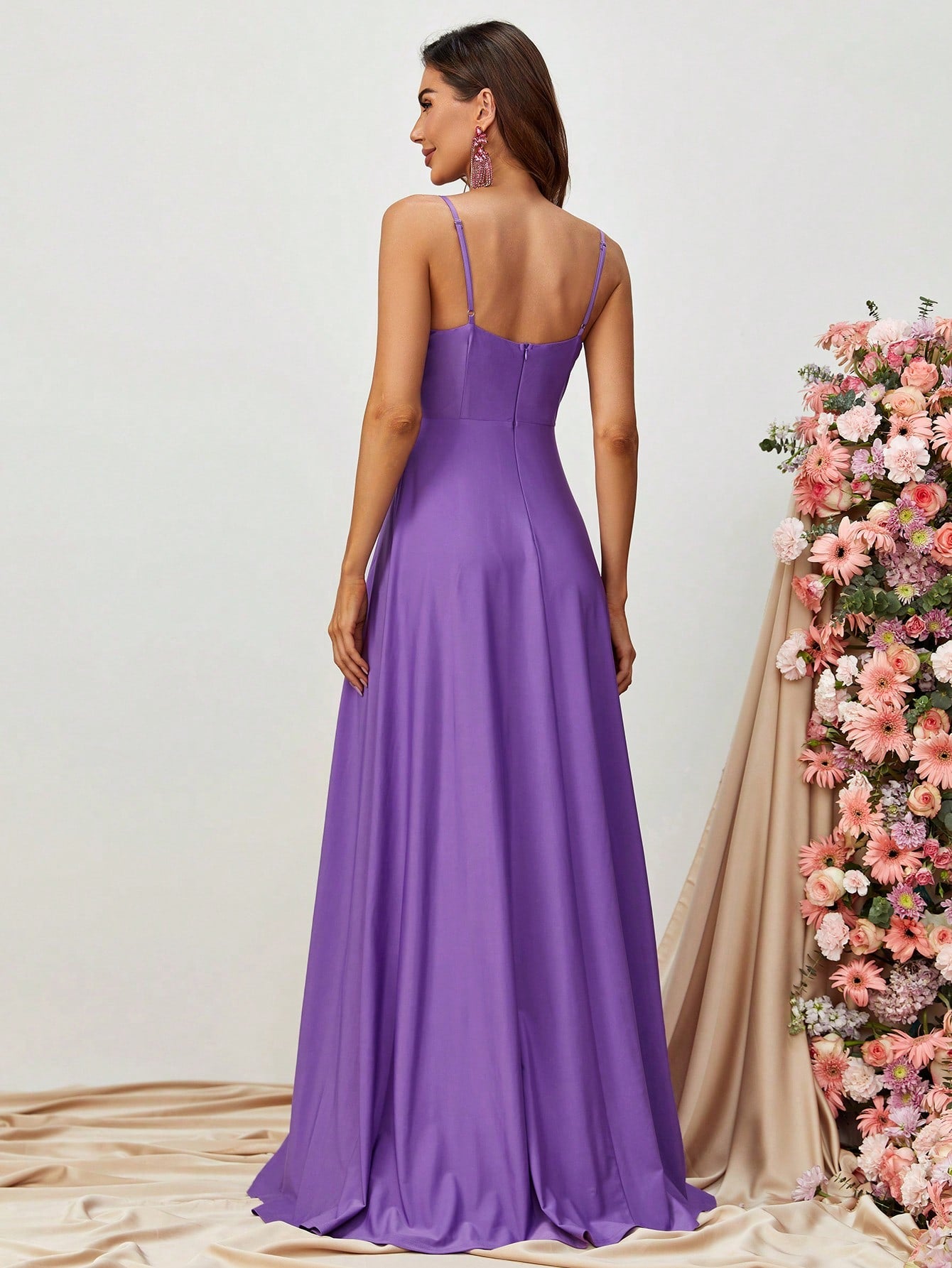 Elegant Spaghetti Strap Slit Satin A Line Dresses