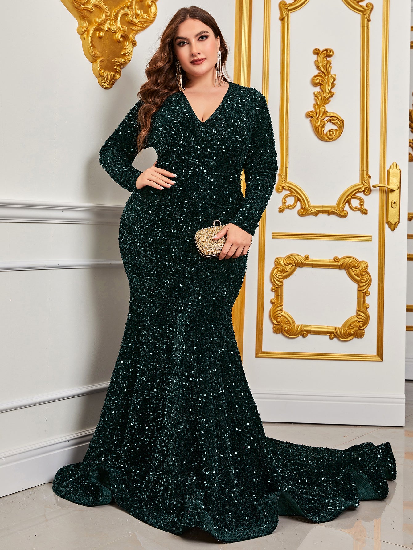 Plus Size V Neck Long Sleeve Sequin Mermaid Wedding Guest Dresses