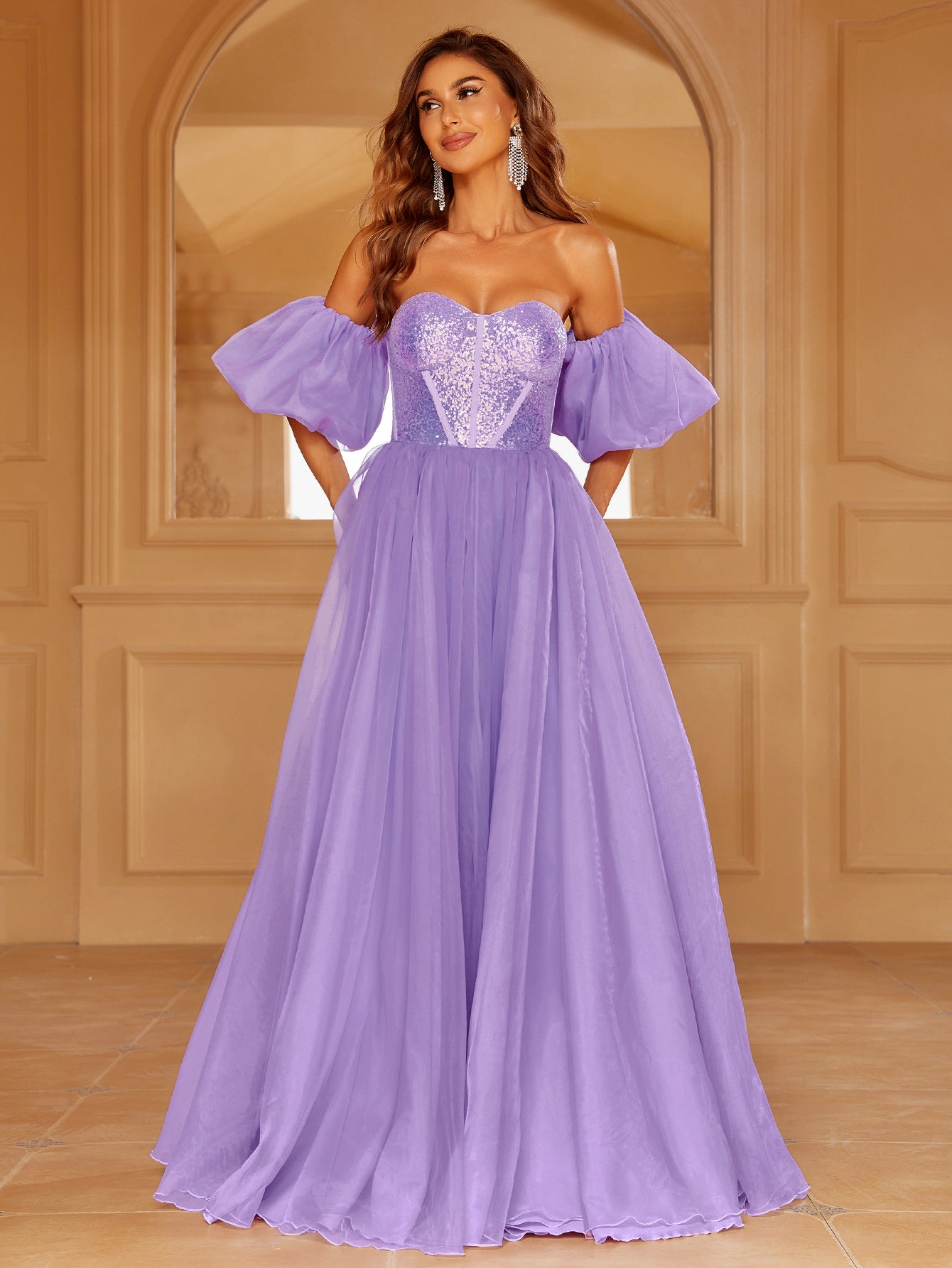 Off Shoulder Lantern Sleeve Sequin Bodice Contrast Organza Hem Dress