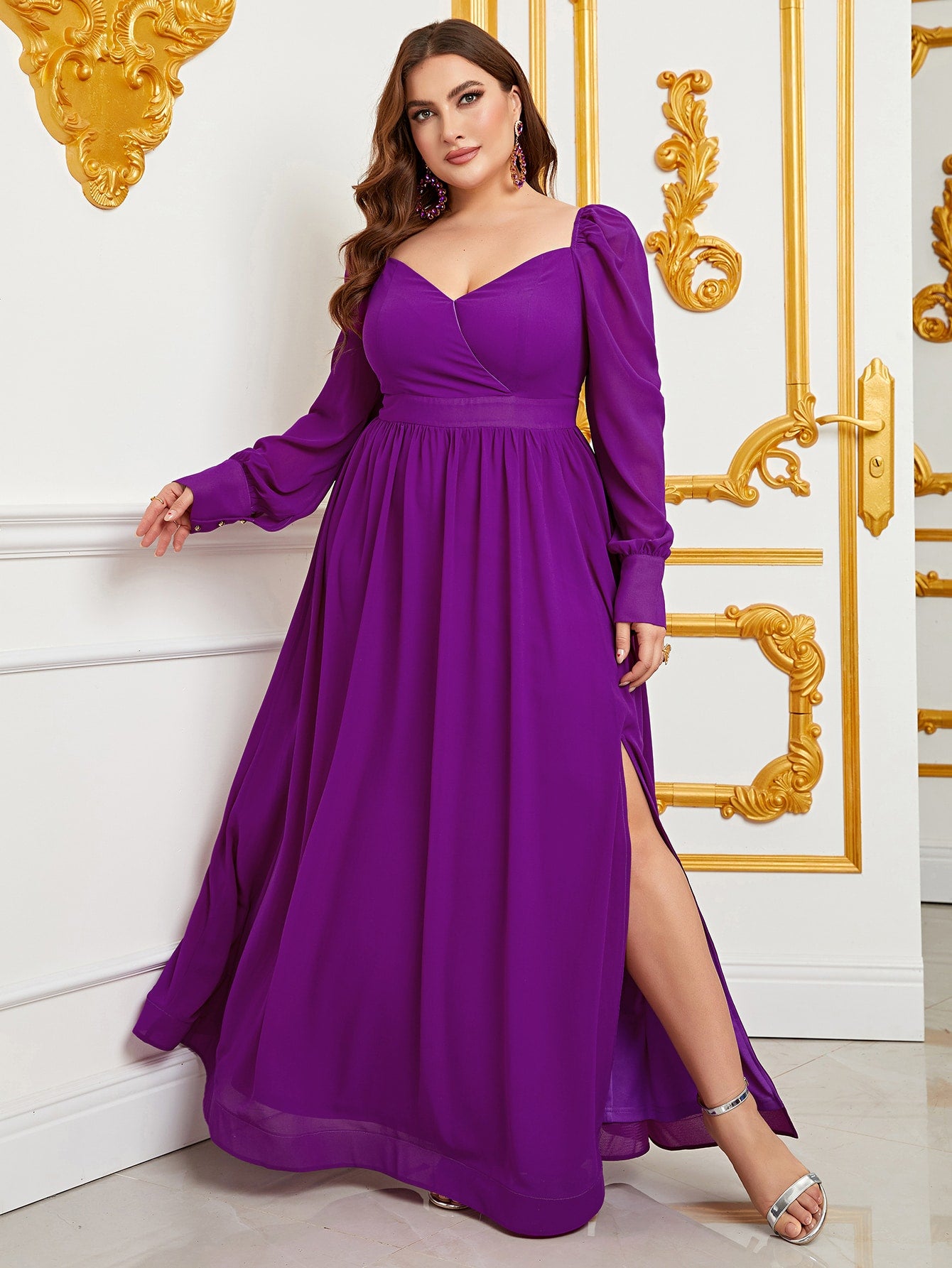 Plus Size Sweetheart Backless Long Sleeve Chiffon A line Dresses