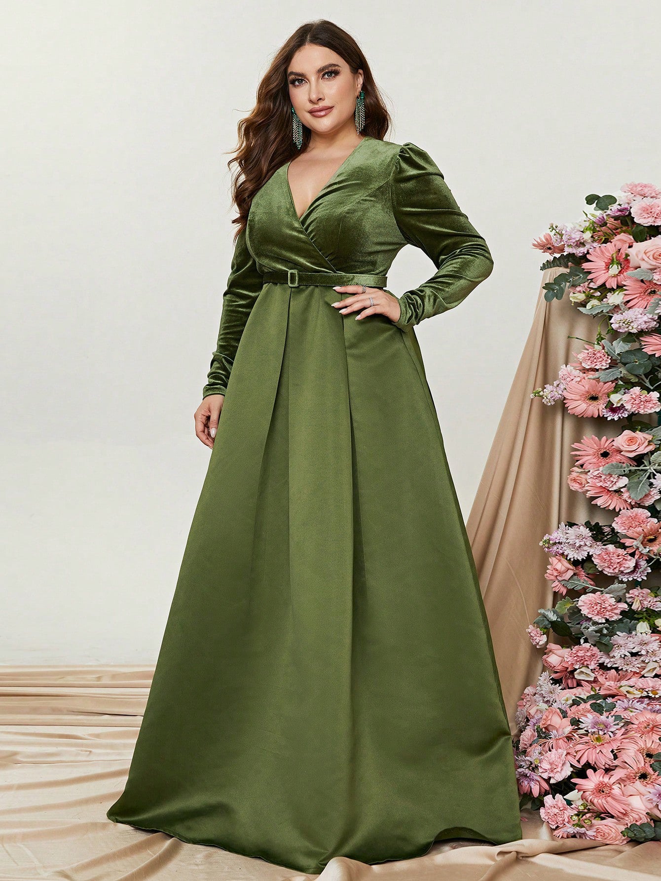 Plus V Neck Long Sleeve Belted Satin A Line Dress