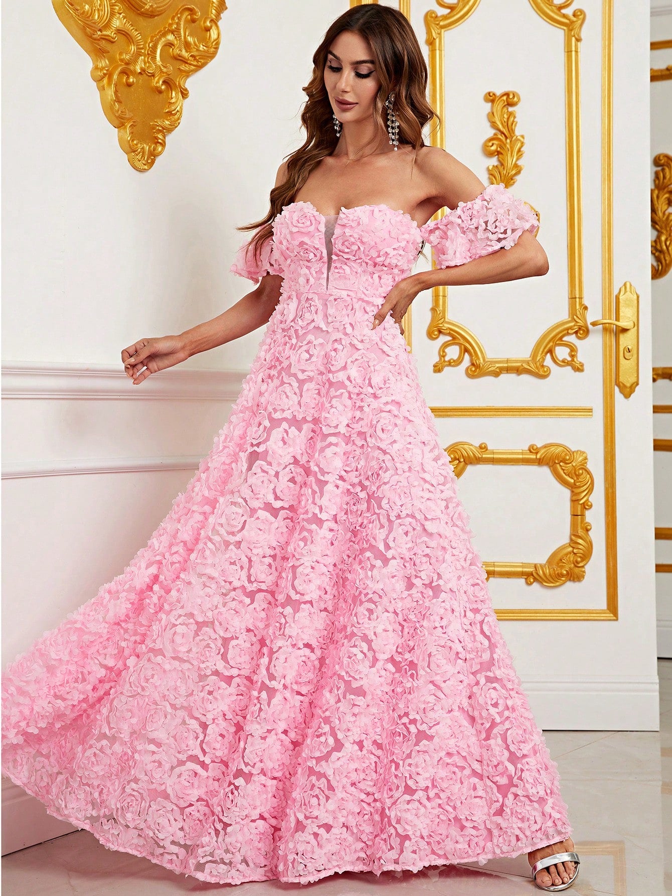 Off Shoulder 3D Flower A-Line Dresses