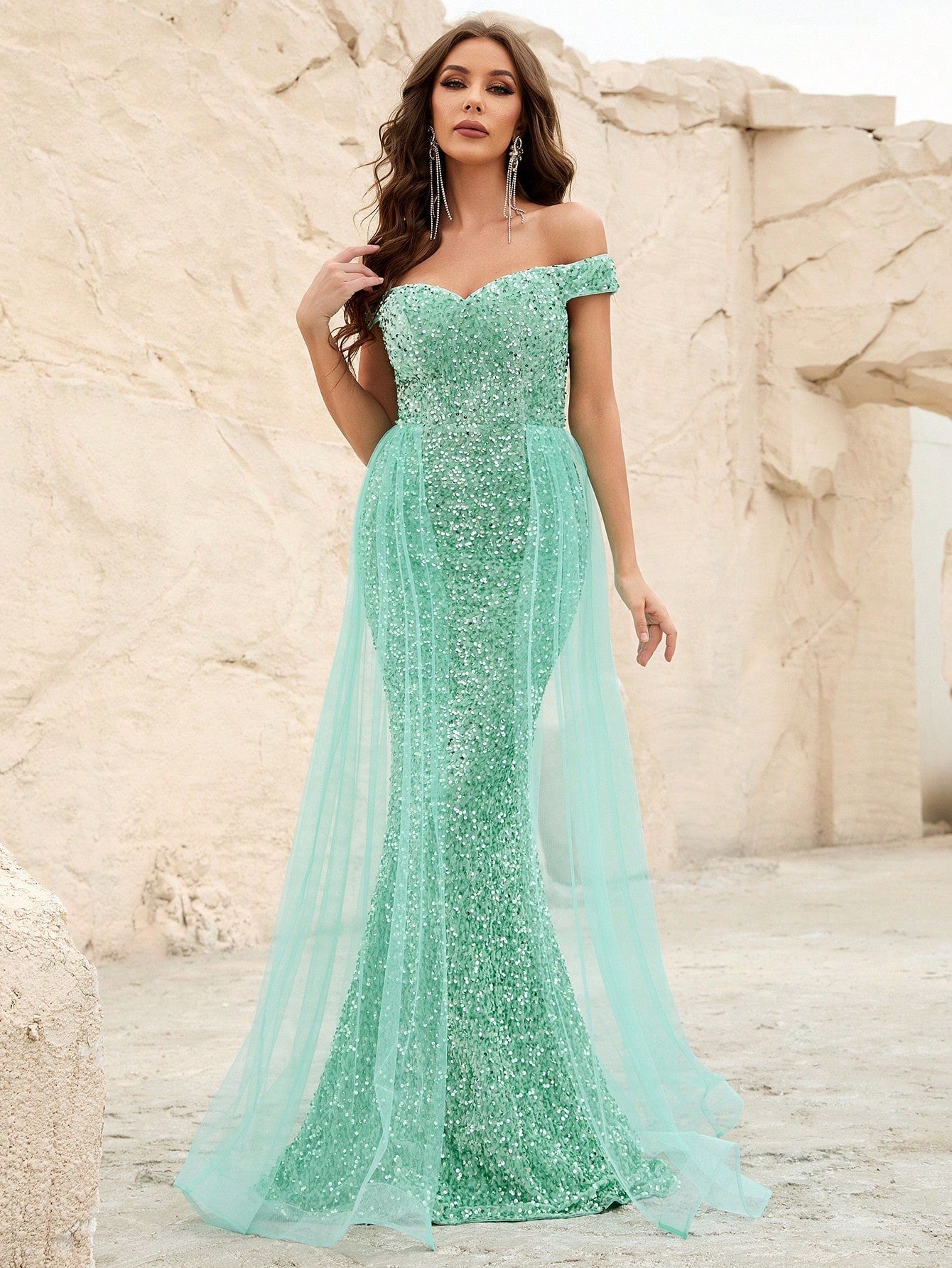 Off Shoulder Sequin Mermaid Dresses Mesh Layer On Waist