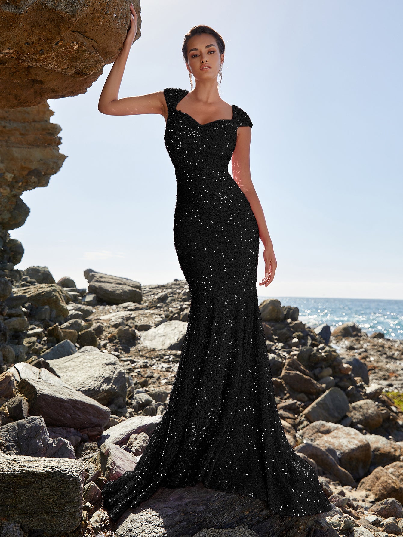 Elegant Black Sequin Sweetheart Prom Dresses