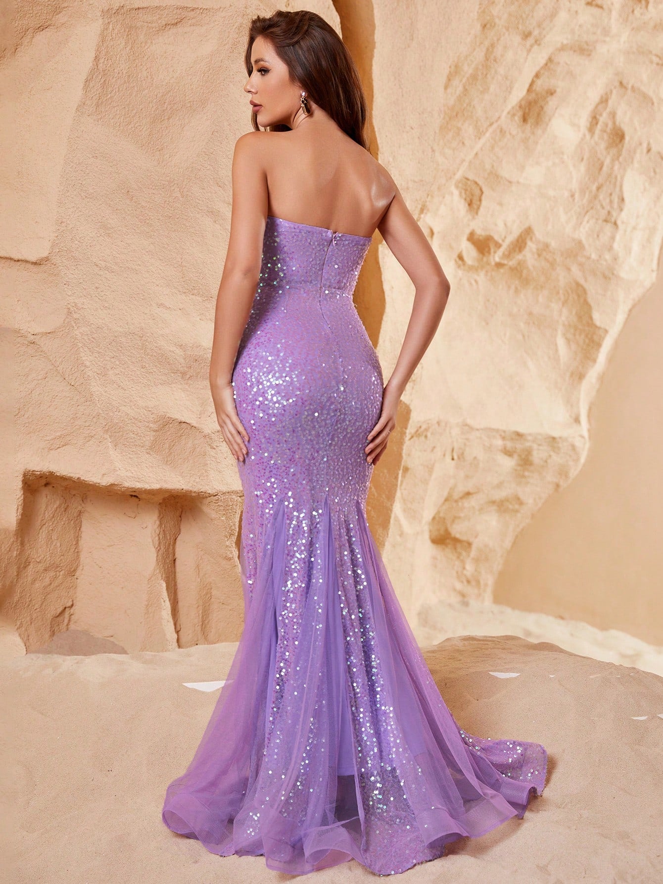 Violet Tube Sleeveless Mesh Insert Sequin Mermaid Dress