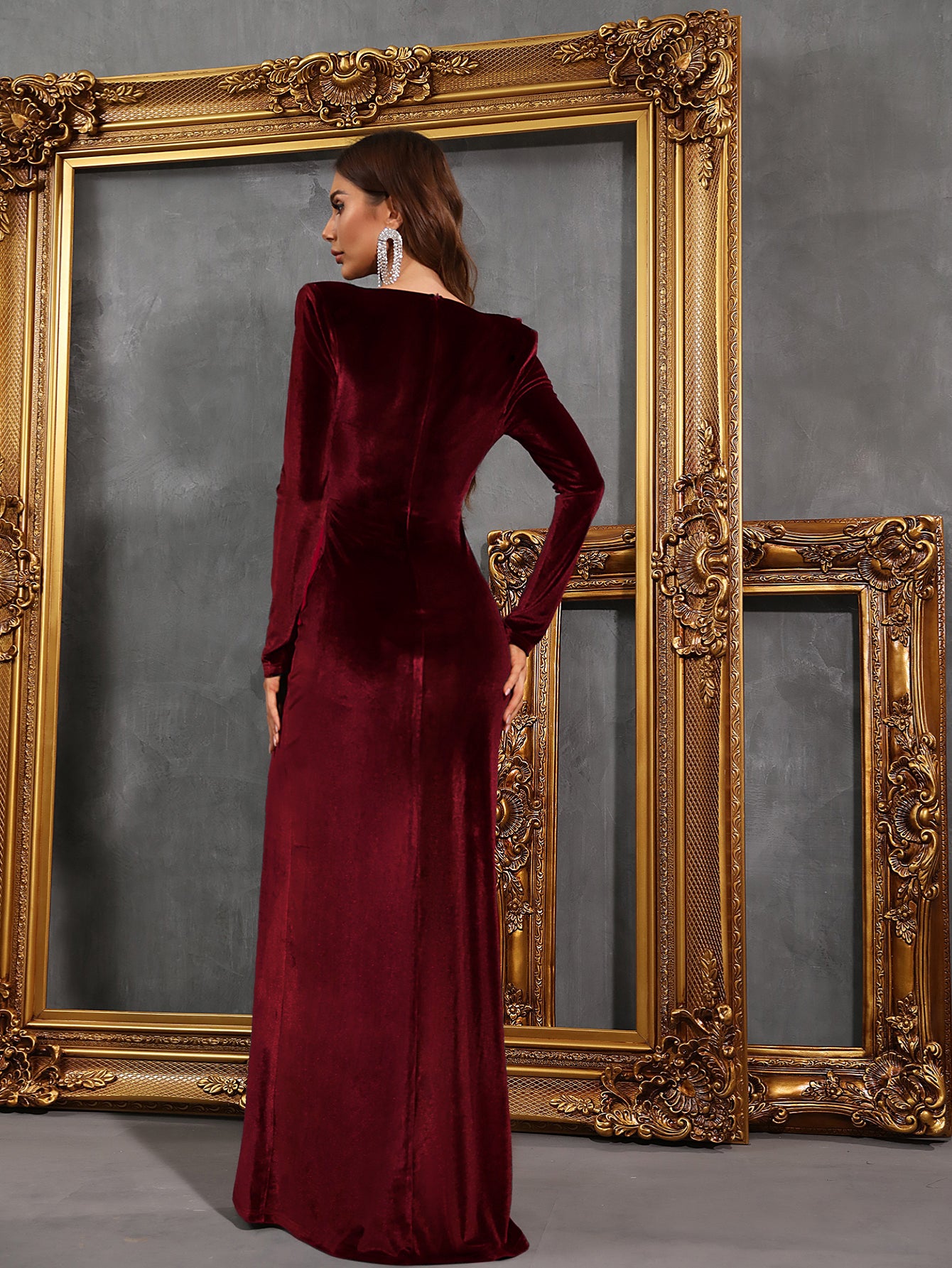 Elegant V Neck Long Sleeve Velvet Silt Dress