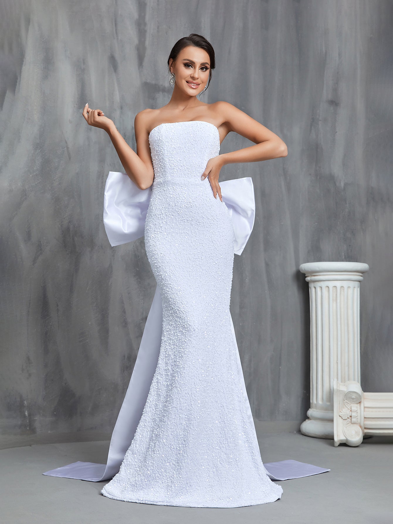 Elegant Mermaid Hem Sequin Tube Wedding Dress With Satin Big Bow