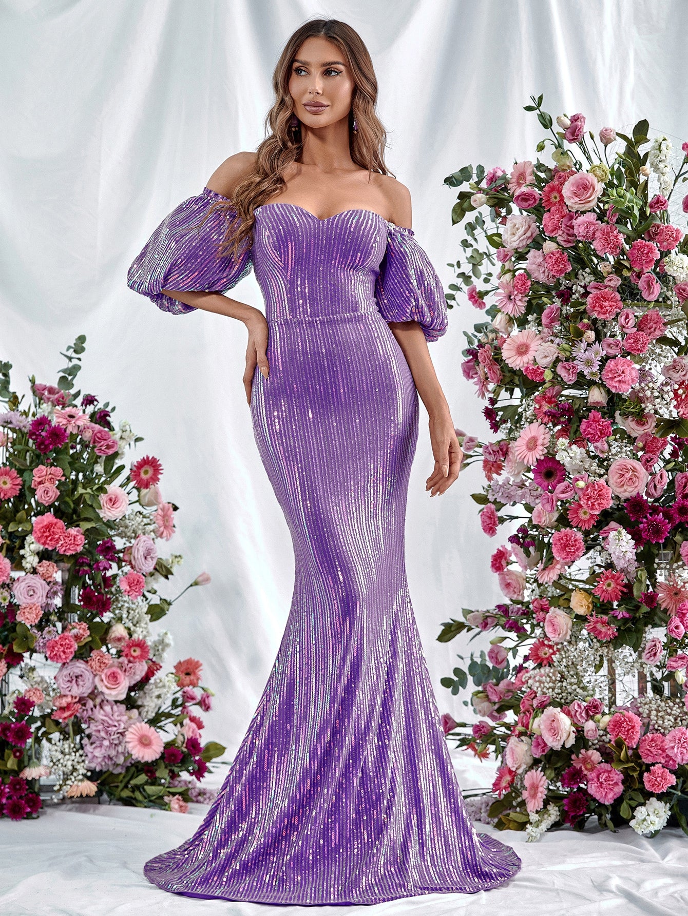 Elegant Off Shoulder Puff Sleeve Mermaid Prom Dresses