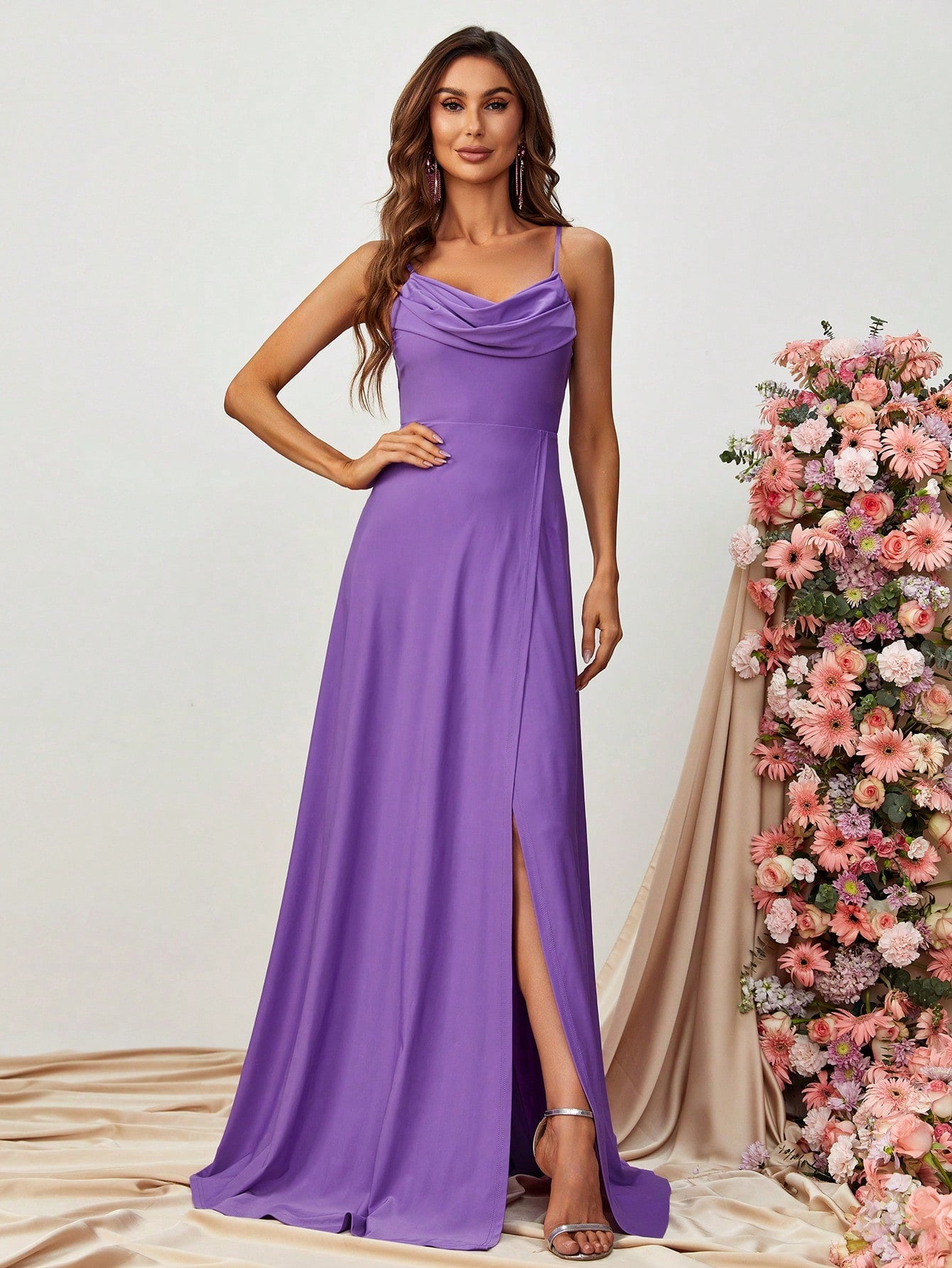 Elegant Spaghetti Strap Slit Satin A Line Dresses