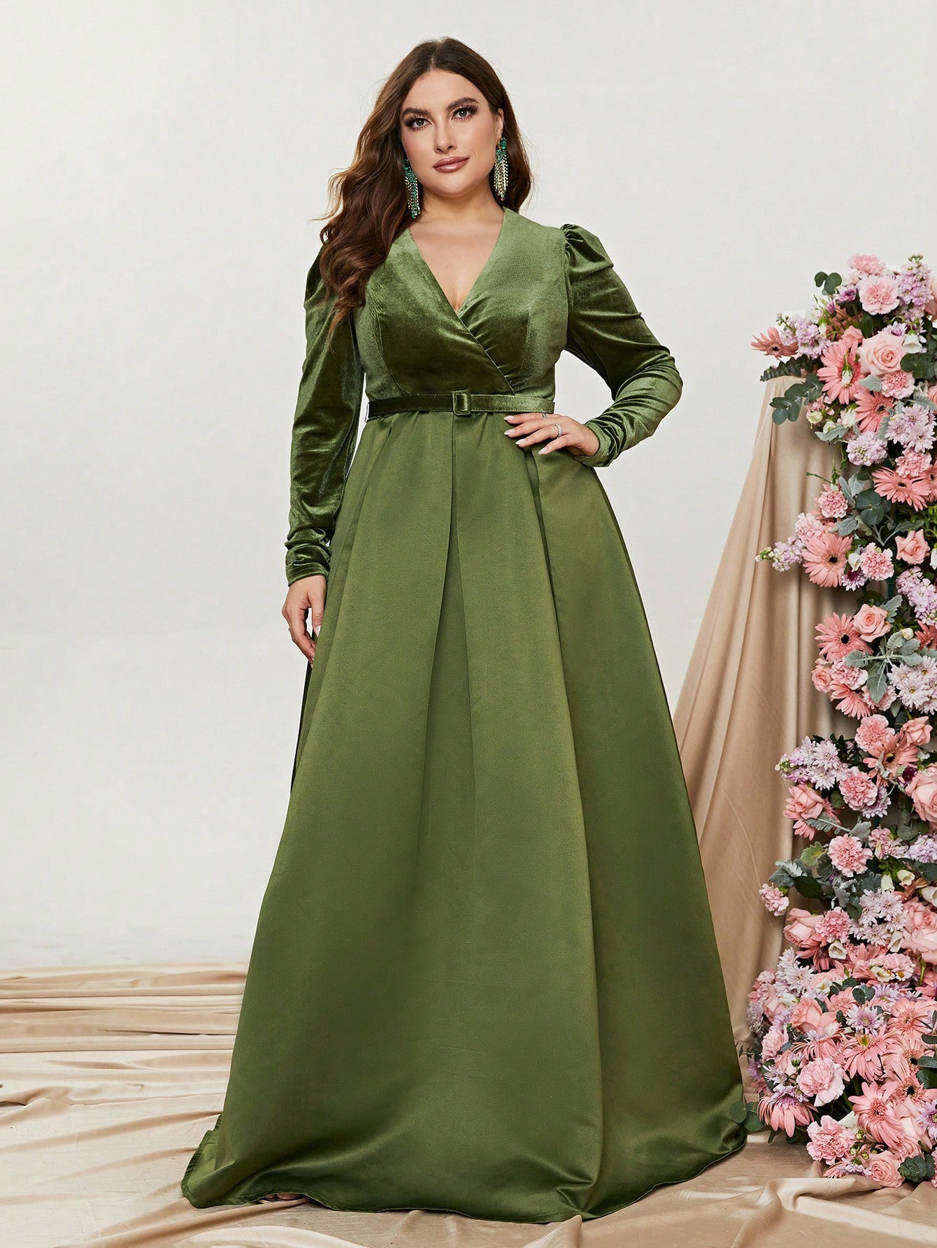 Plus V Neck Long Sleeve Belted Satin A Line Dress