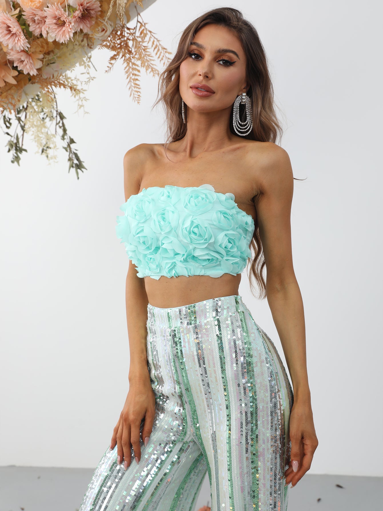 3D Flower Tube Top & Sequin Wide Leg Pants