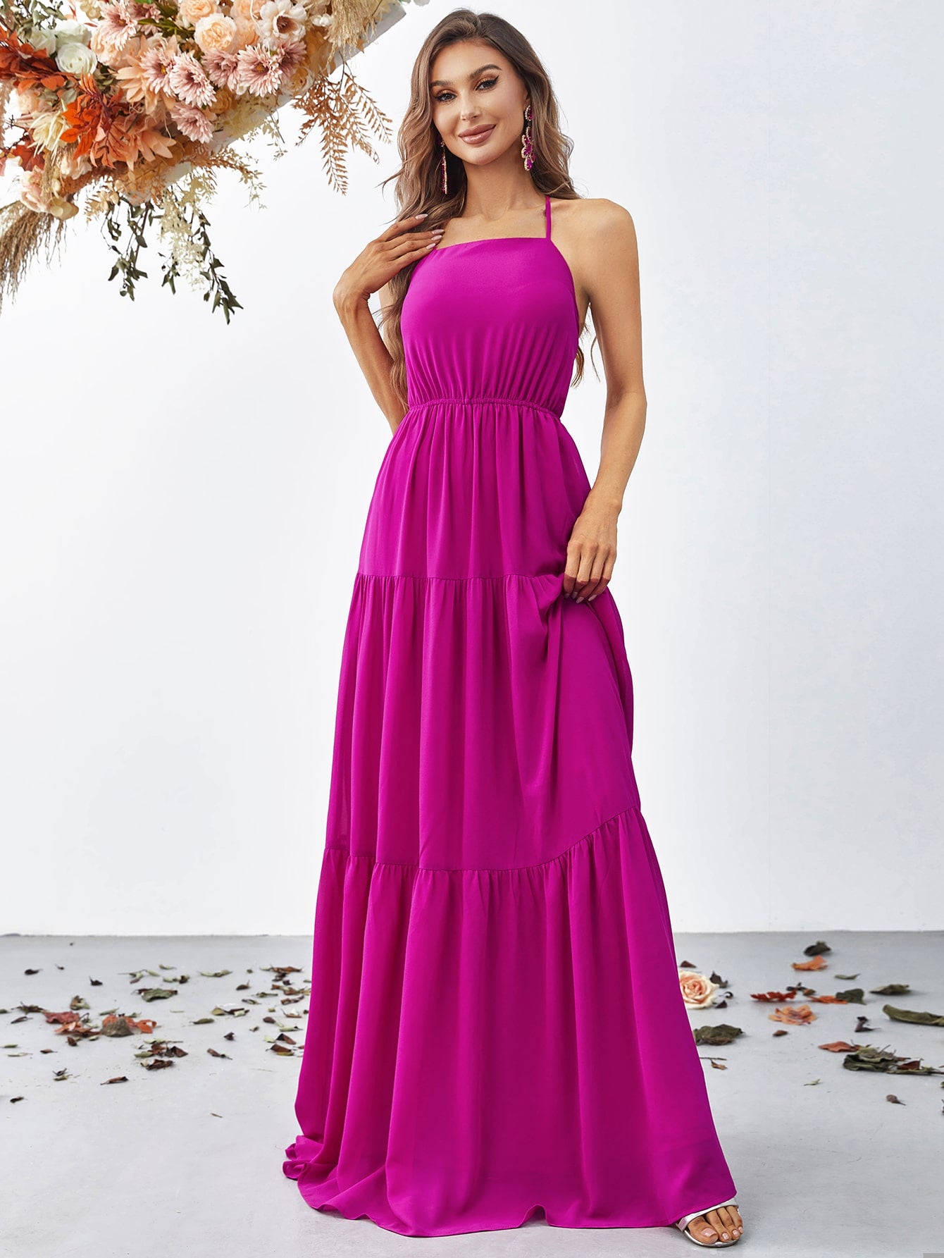 Back Lace Up Chiffon Tiered Maxi Dress