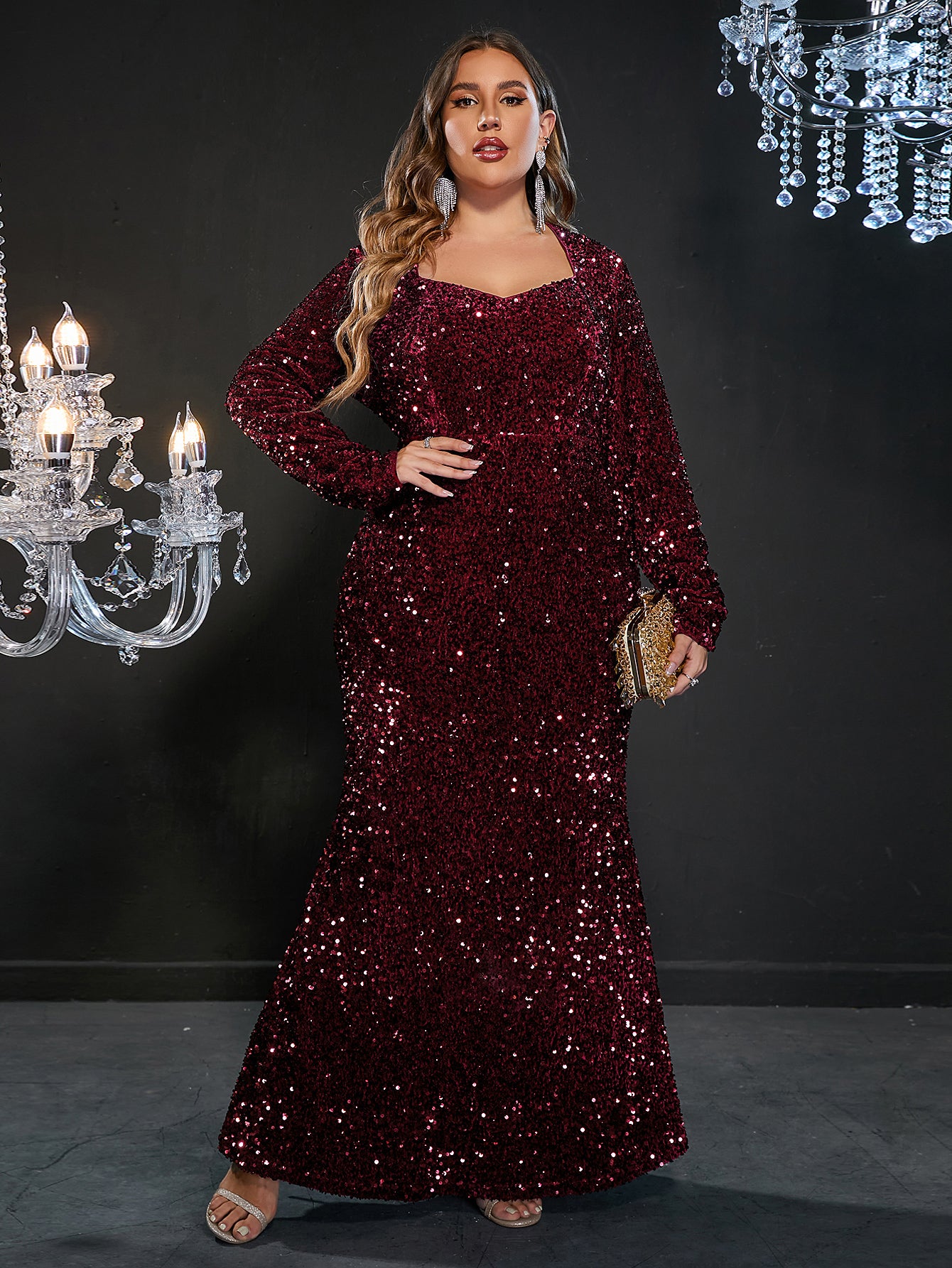 Plus Sweetheart Long Sleeve Sequin Prom Dresses