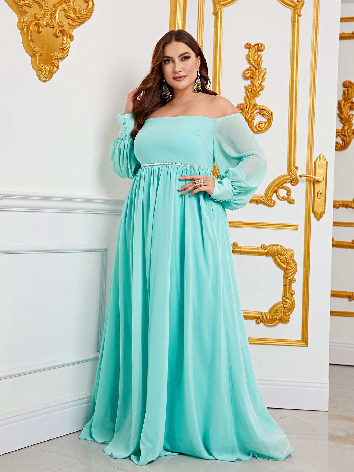 Plus Size Elegant Off Shoulder Long Sleeve Chiffon A Line Dresses