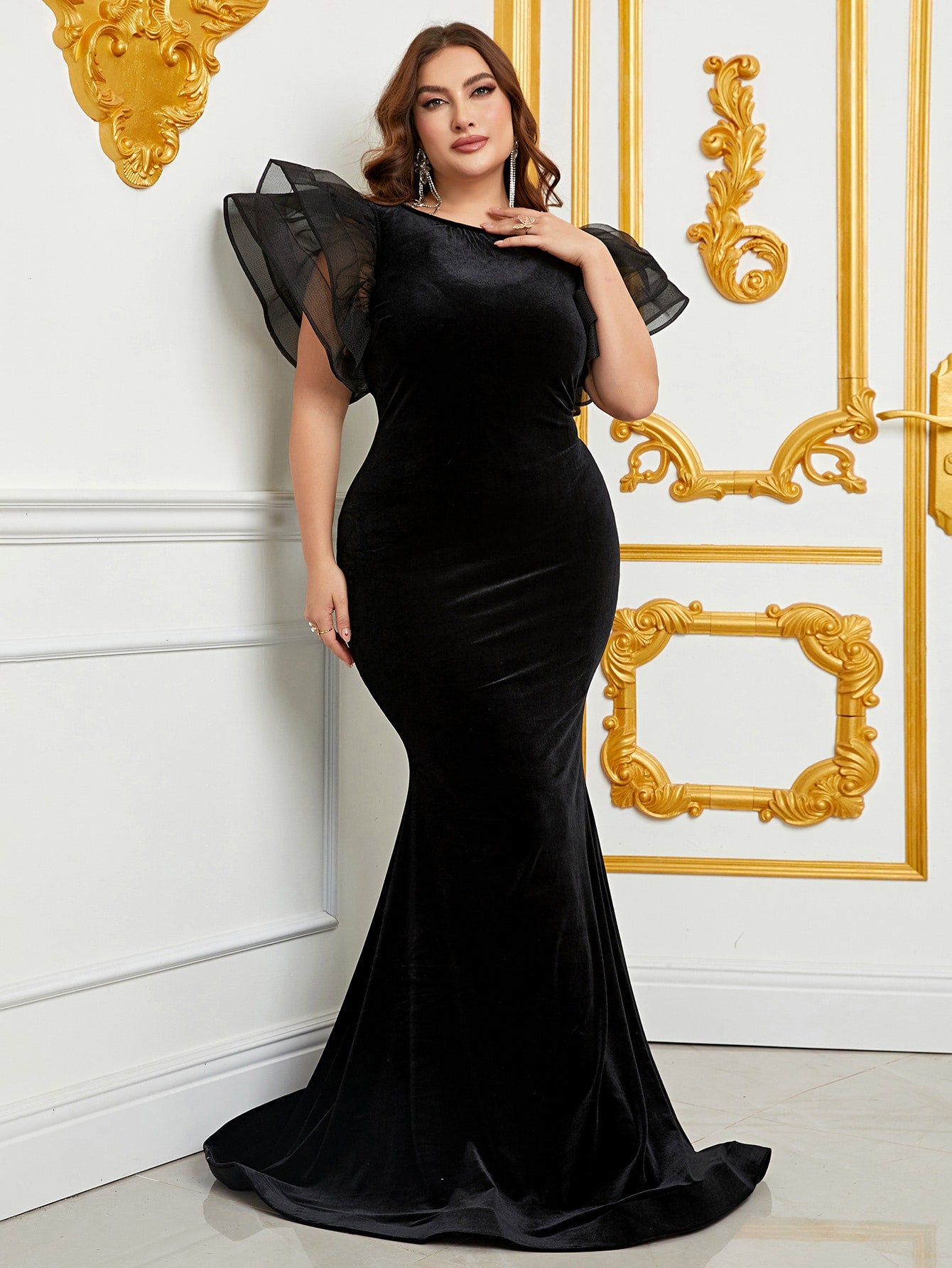 Plus Size Elegant Organza Ruffle Sleeve Velvet Mermaid Dresses