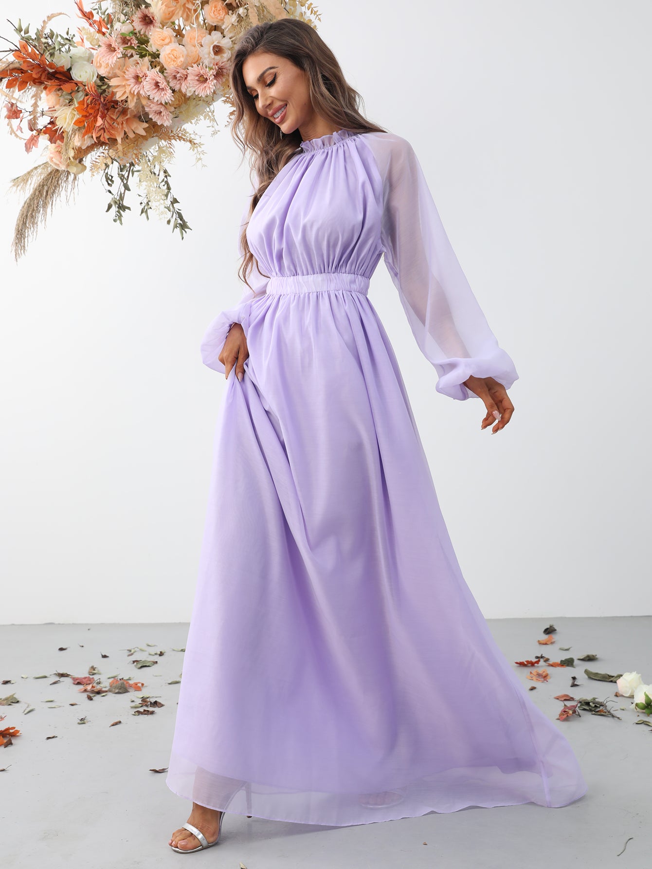 Elegant Stand Neck Long Sleeve Maxi A line Dresses